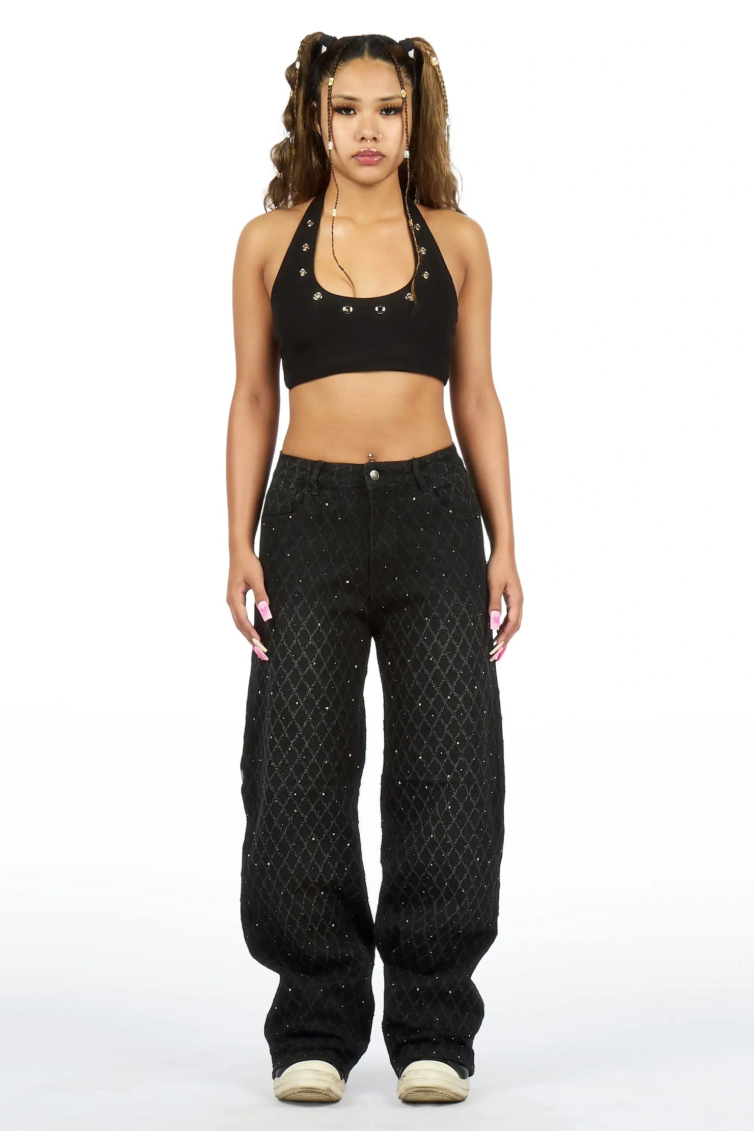 Amirah Black Rhinestone Wide Leg Jean