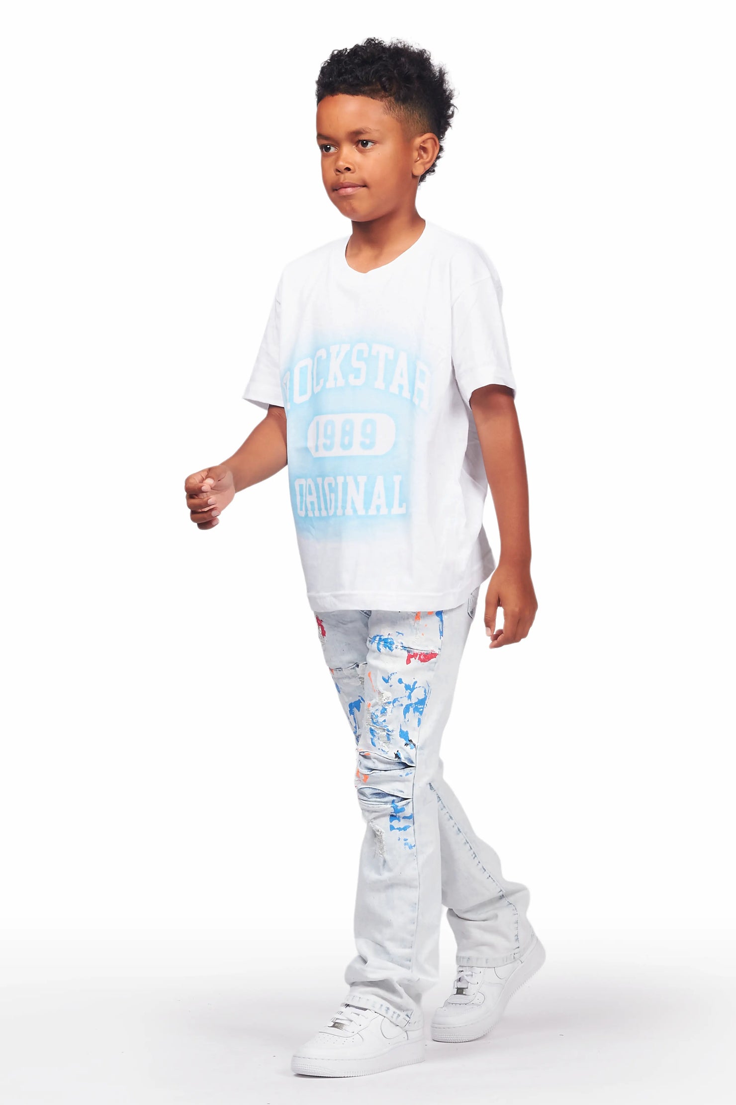 Boys Urian White/Blue T-Shirt/Stacked Flare Jean Set