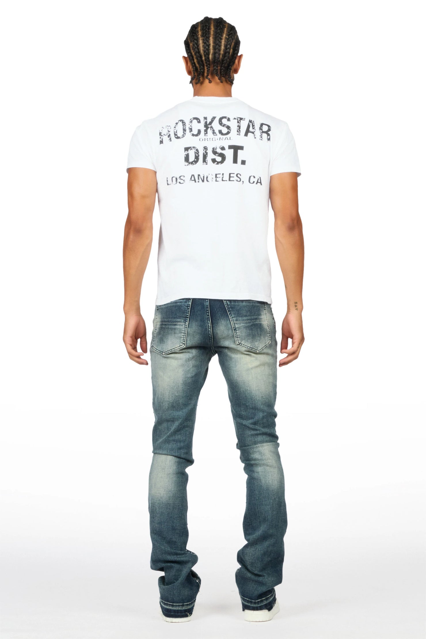 Miller Dark Blue Rhinestone Studded Stacked Flare Jean