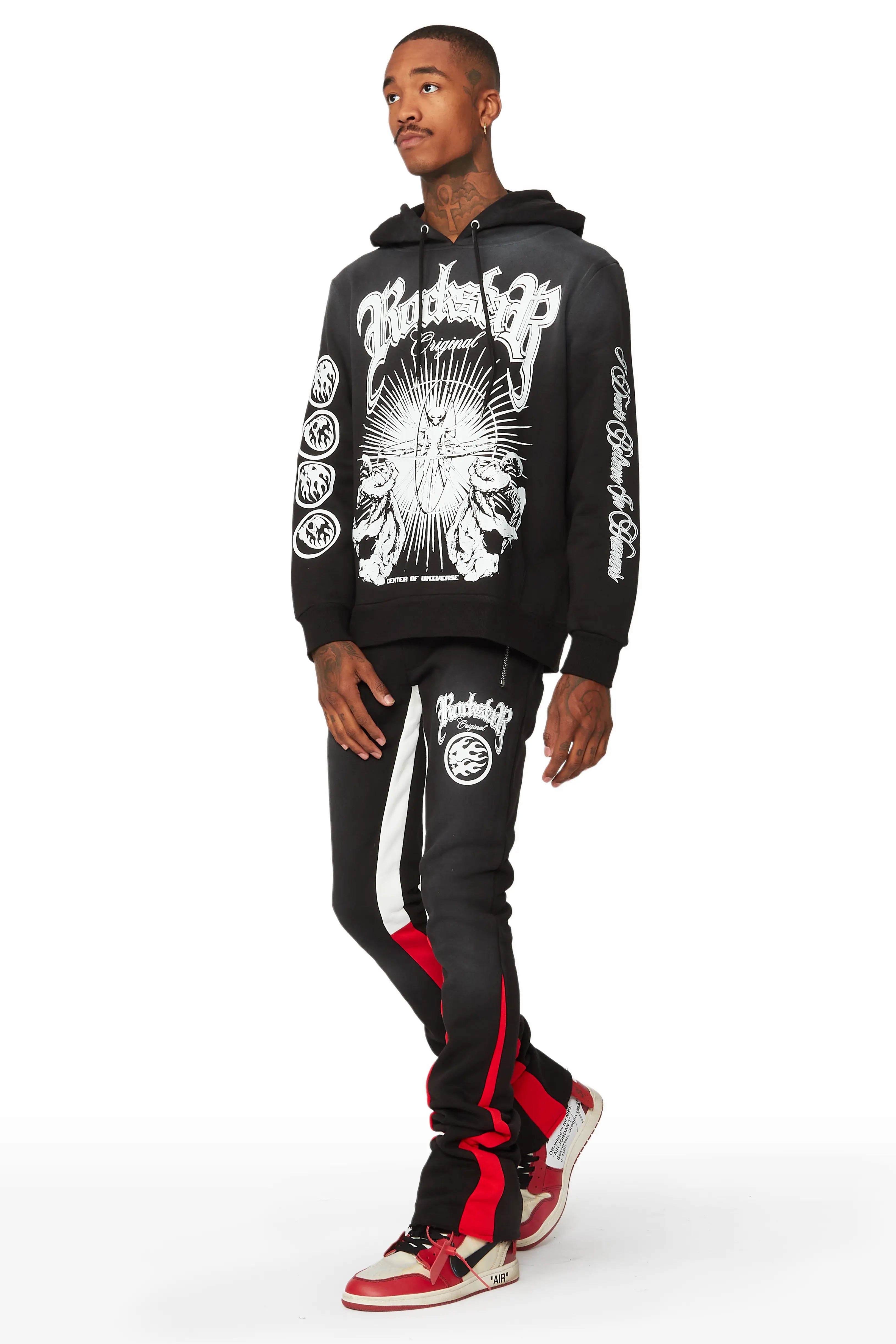 black hoodie with red graphic