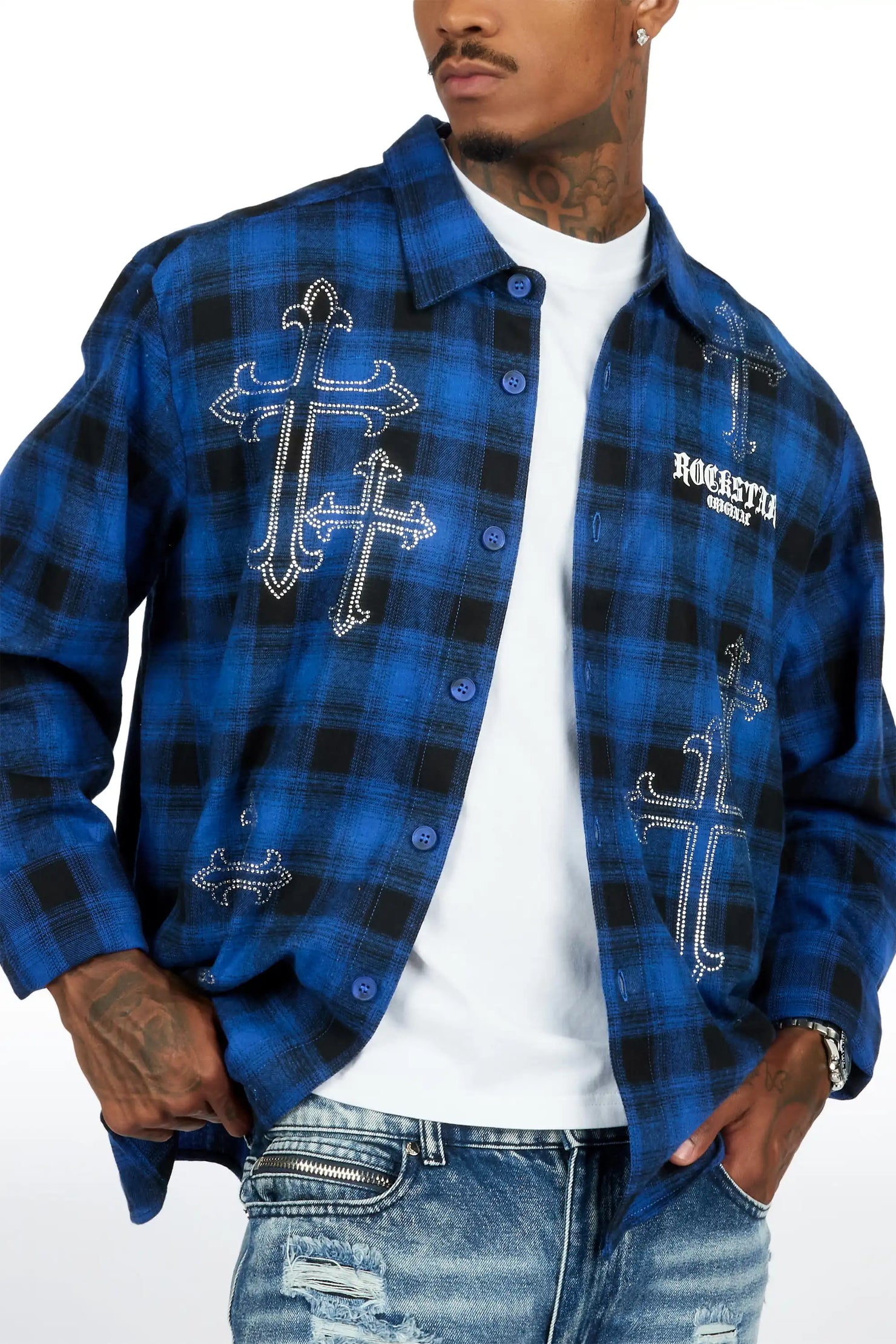 Poldi Royal Rhinestone Flannel Long Sleeve Shirt