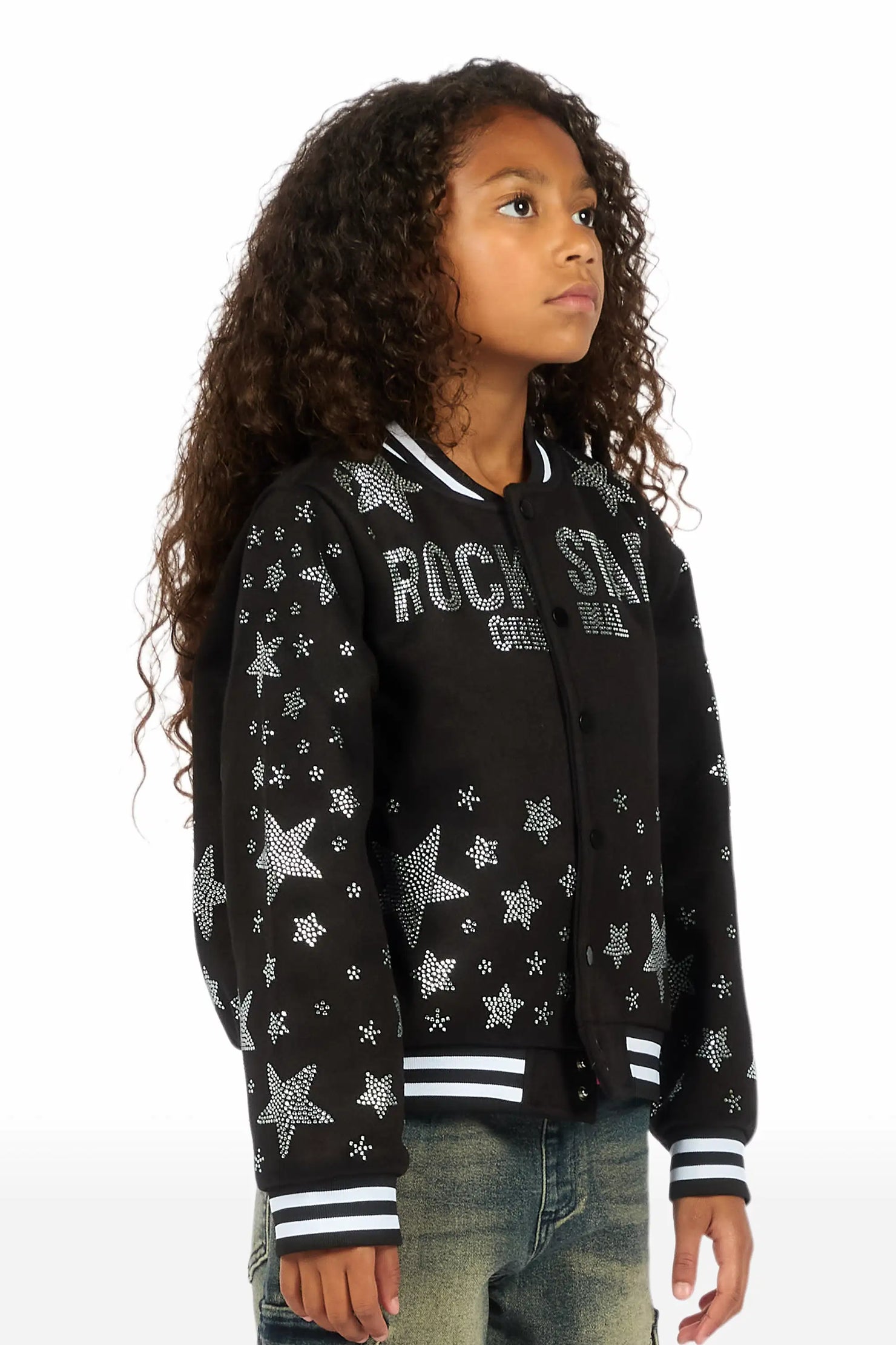 Girls Shanda Black Crop Varsity Jacket