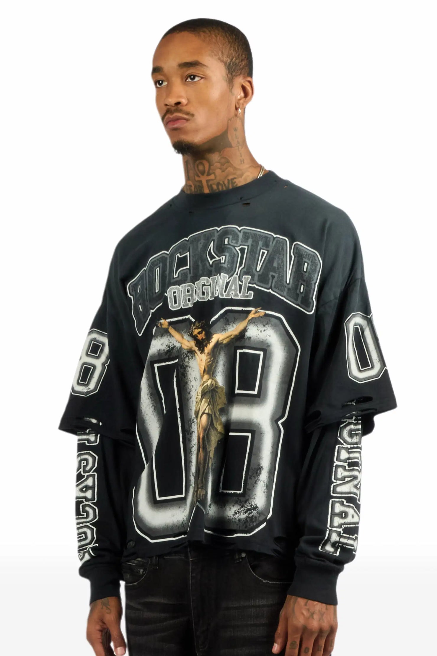 Fields Black/Grey Double Layer Long Sleeve Graphic T-Shirt