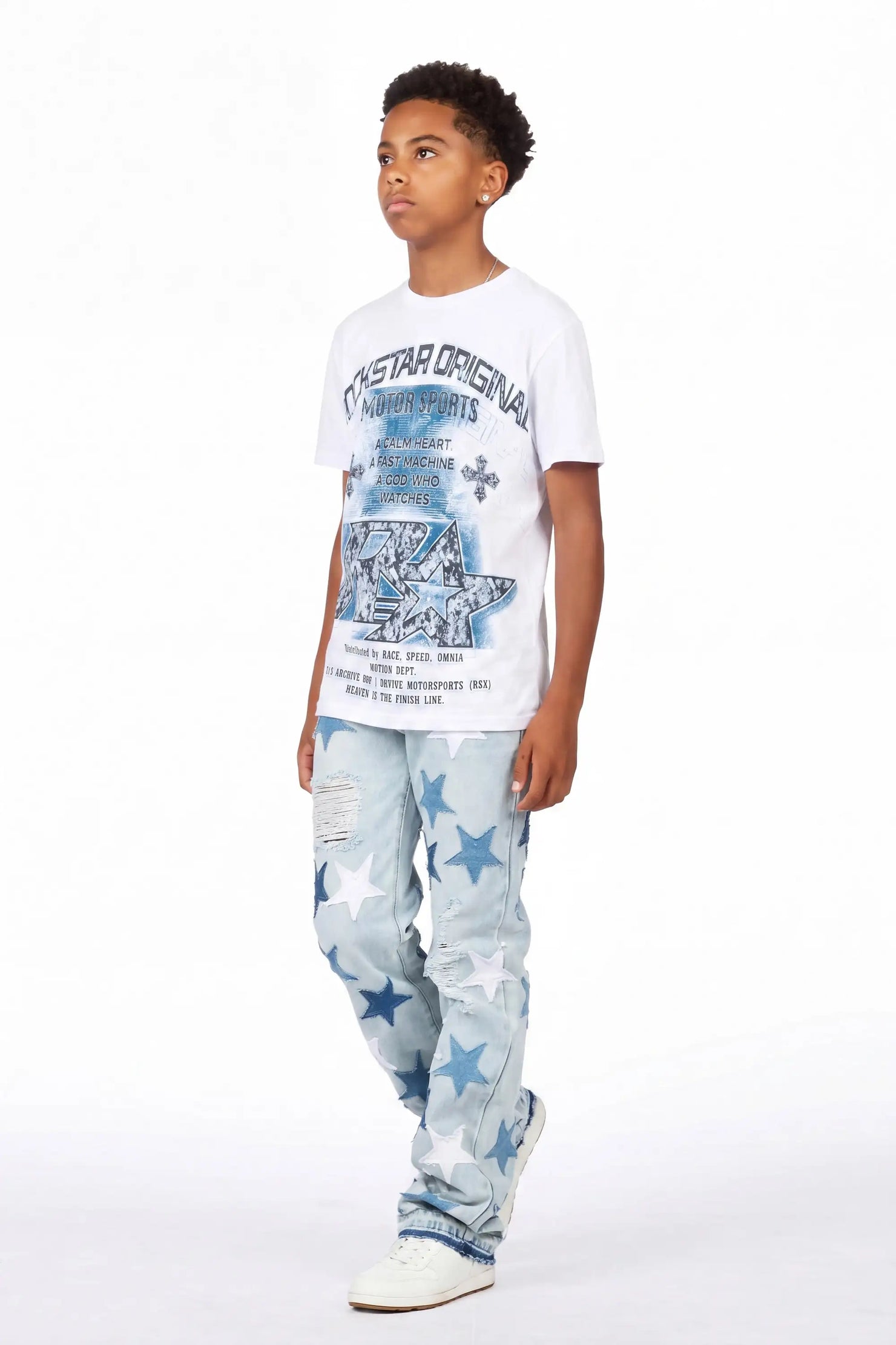 Boys Byson White/Blue T-Shirt Patchwork Jean Set
