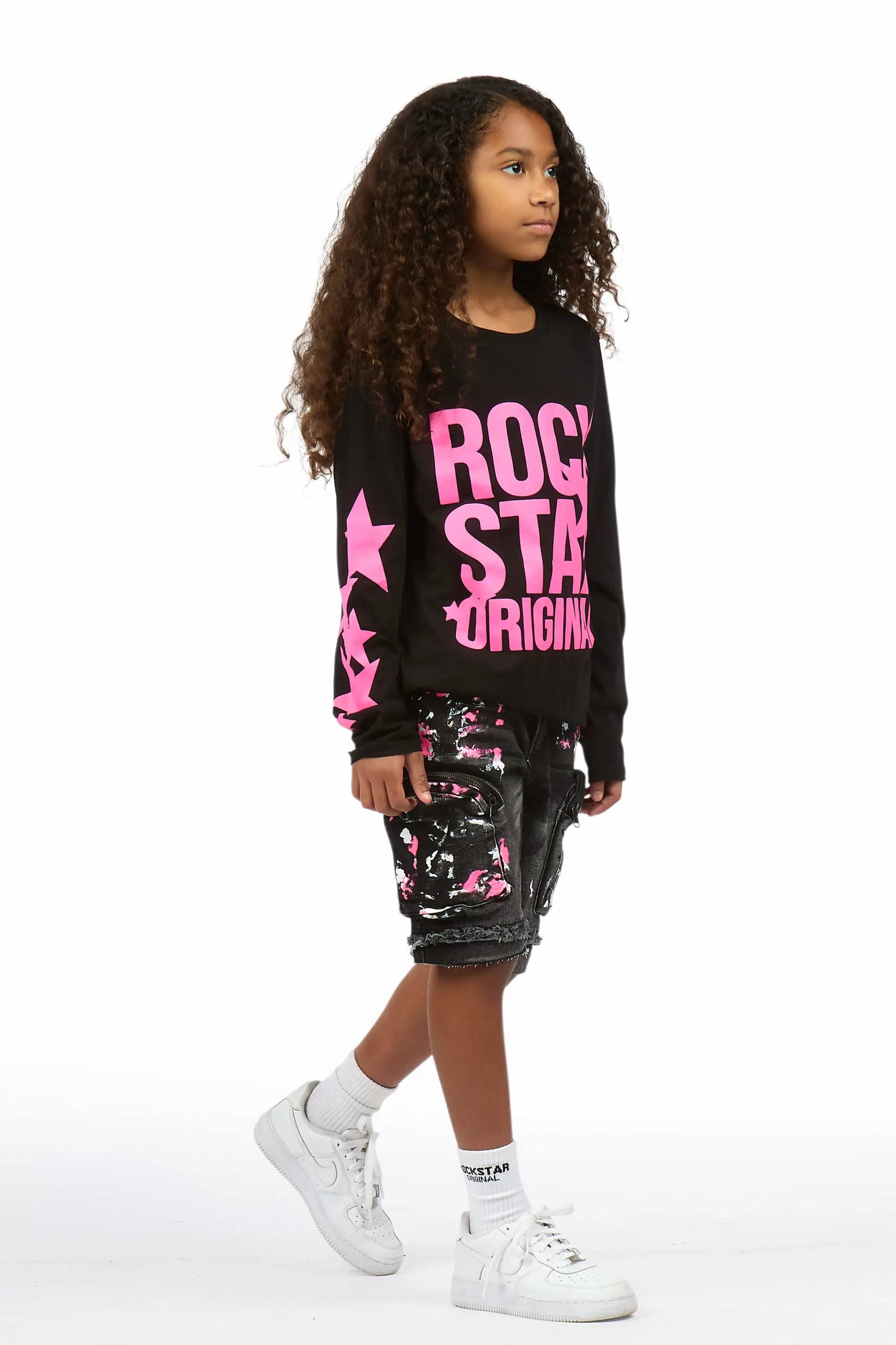 Girls Sechora Black/Dark Grey Long Sleeve T-Shirt Denim Short Set