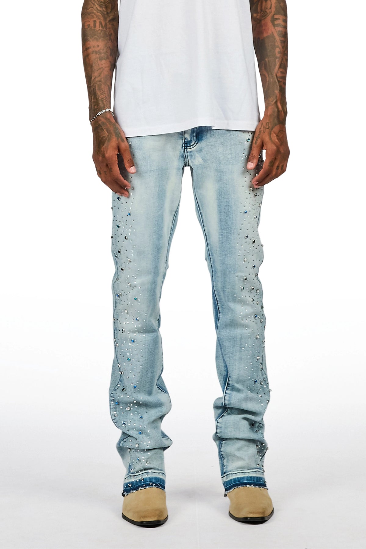 Monty Light Blue Rhinestone Studded Stacked Flare Jean