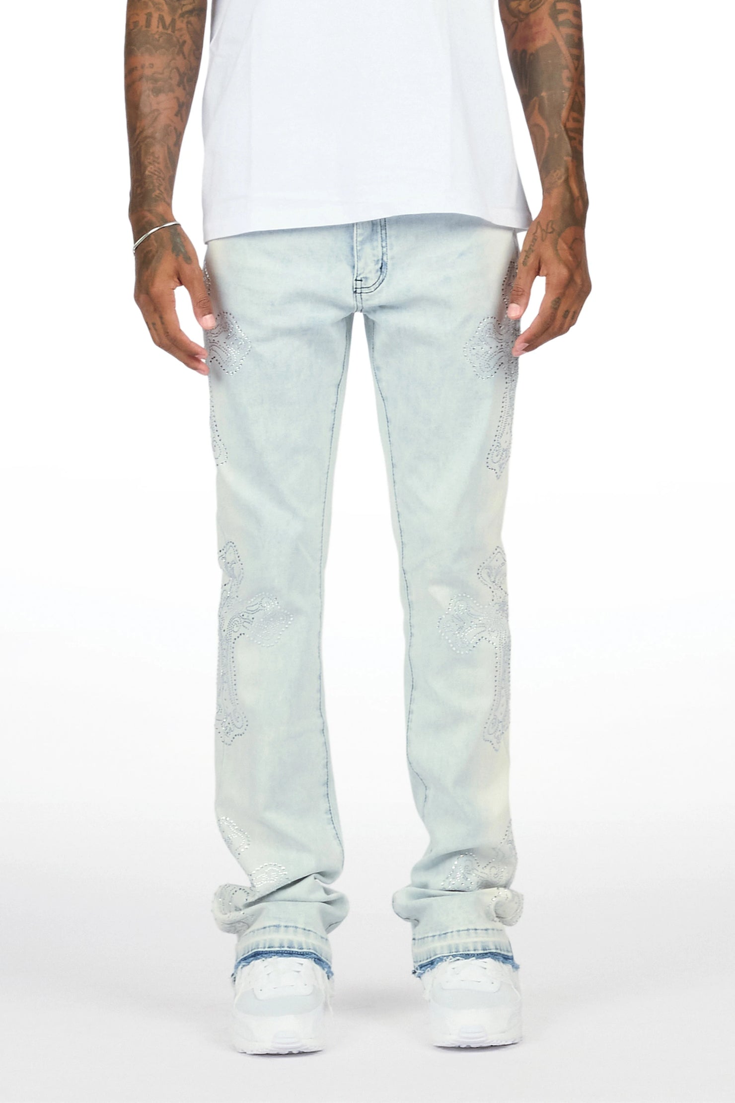 Reggie Light Blue Rhinestone Stacked Flare Jean
