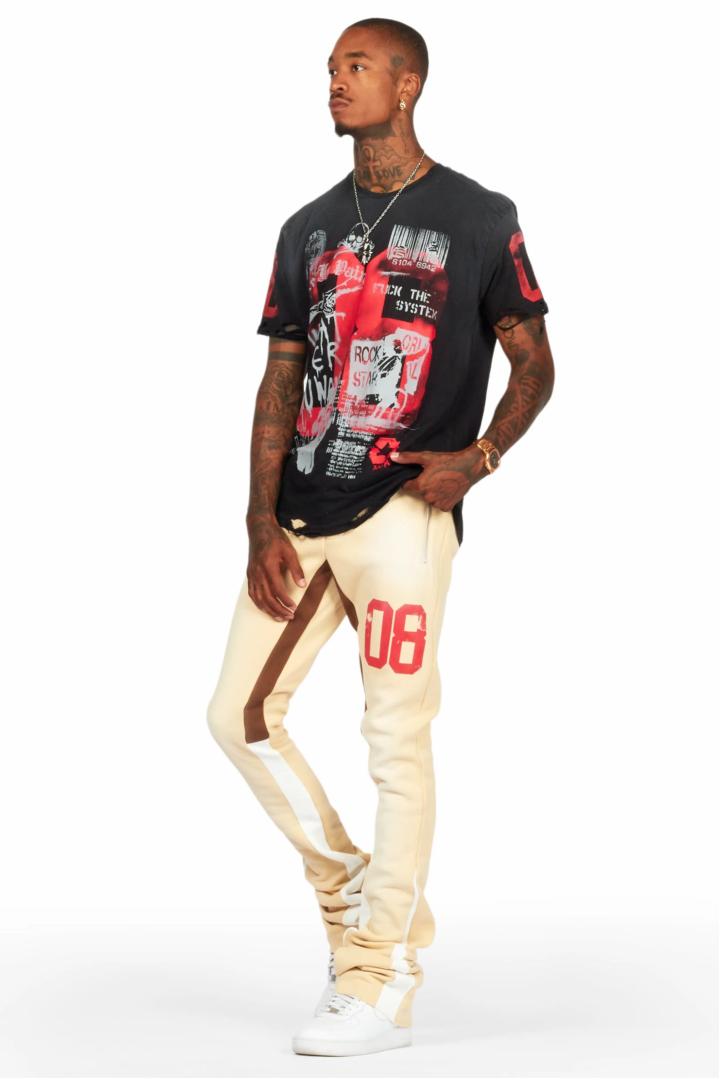 Grill Black/Beige Oversized T-Shirt/Super Stacked Track Set