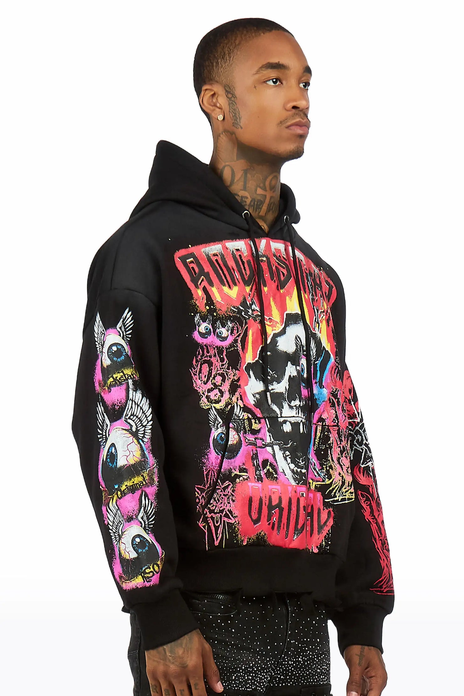 Styxx Black Distressed Graphic Relaxed Hoodie