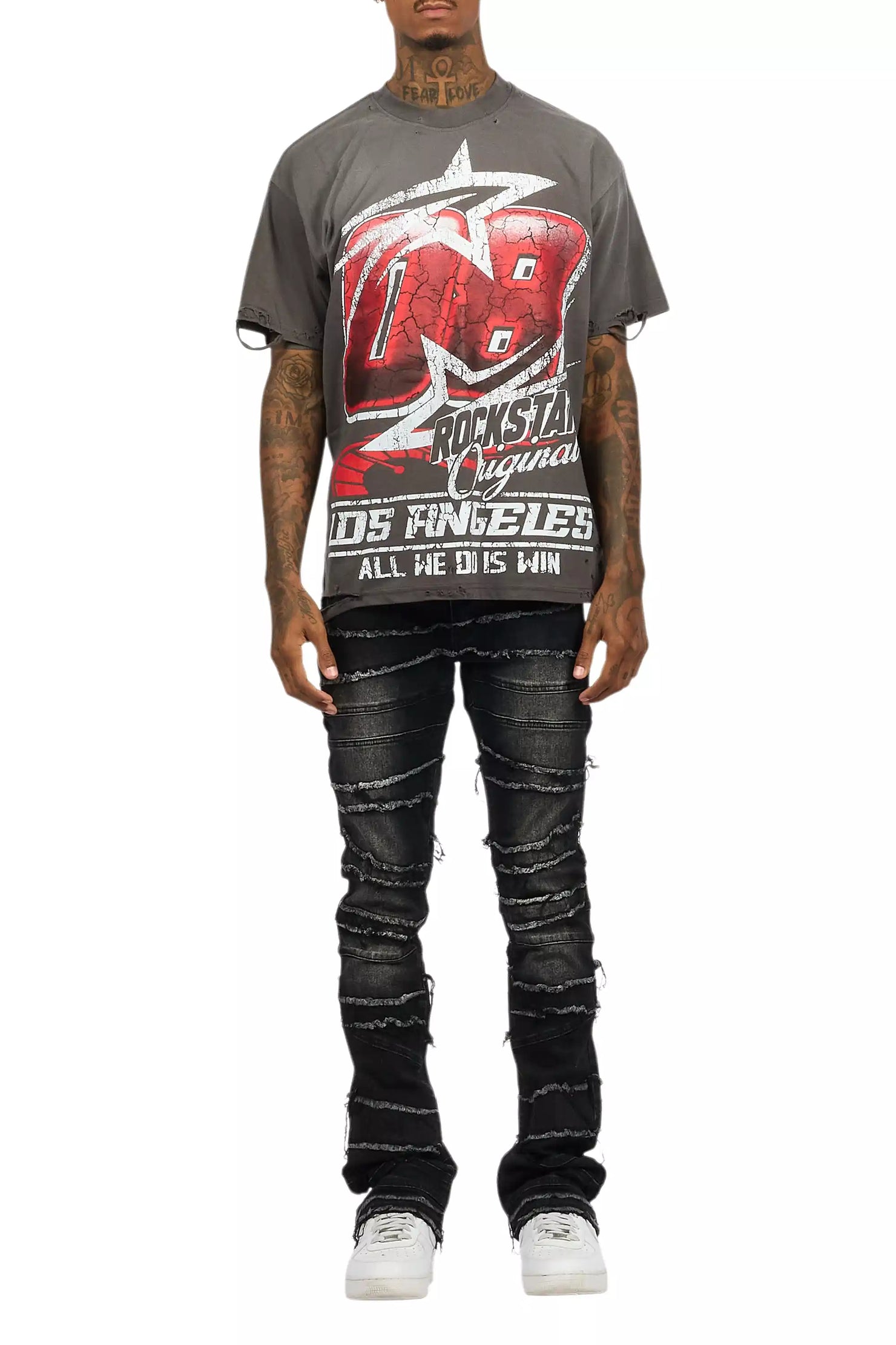 Kastell Vintage Grey Oversized Distressed Graphic T-Shirt