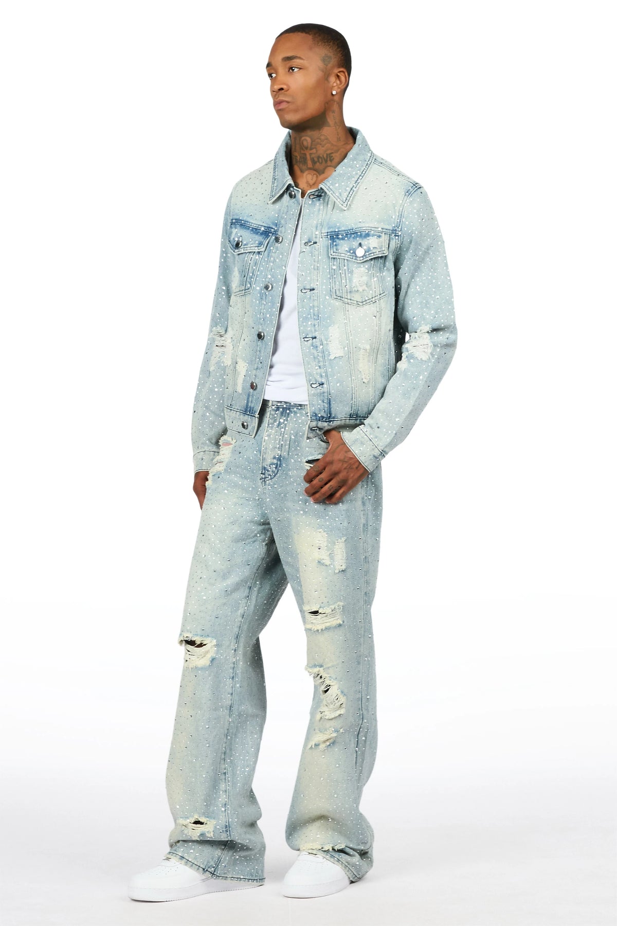 Discolite Tint Blue Rhinestone Denim Jacket/Baggy Jean Set