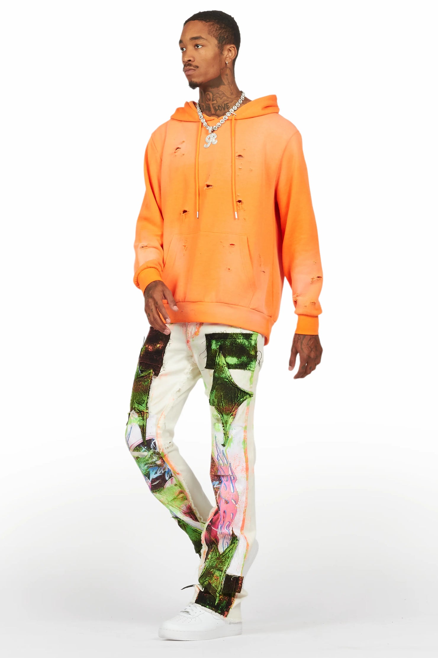 Helki Beige/Green Roller Paint Stacked Flare Jean