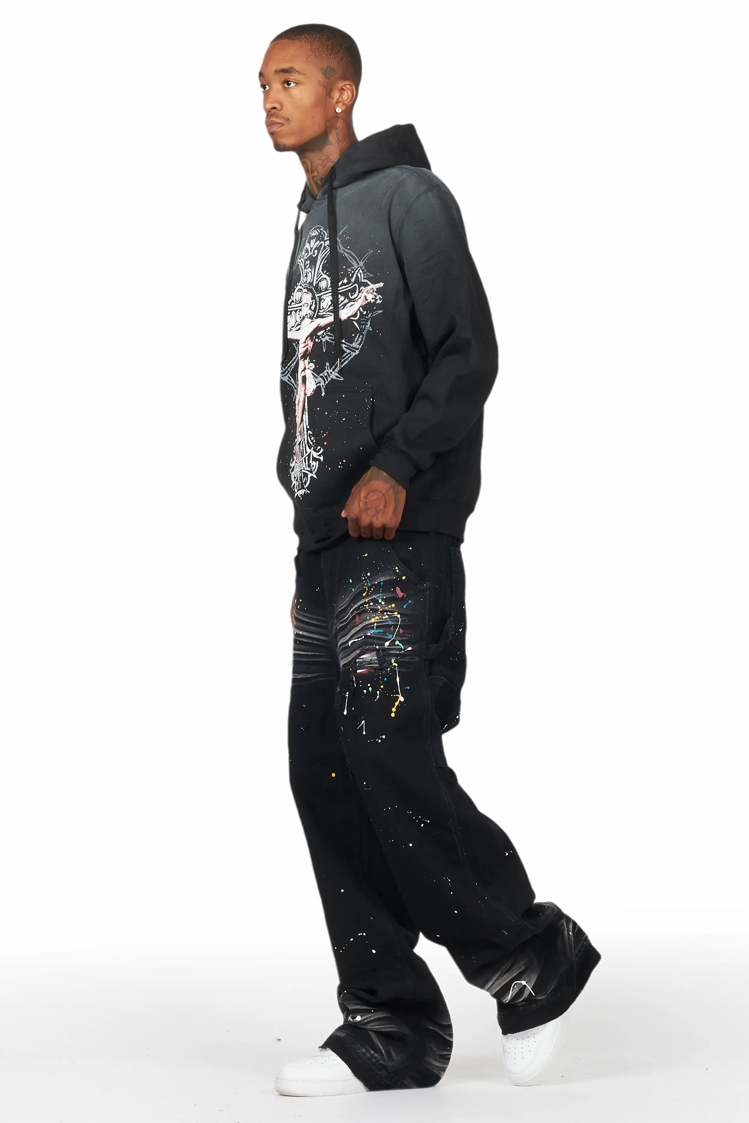 Ojas Black Graphic Distressed Hoodie