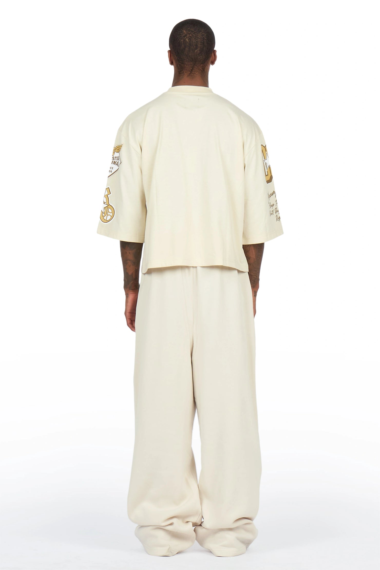Gallant Beige 3/4 Crop Boxy Tee/ Fleece Baggy Pant Track Set