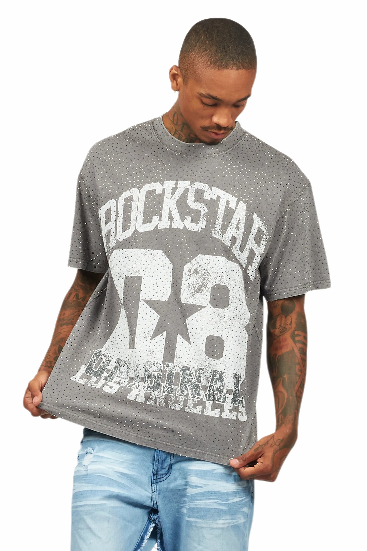 Flamur Grey Graphic Rhinestone T-Shirt