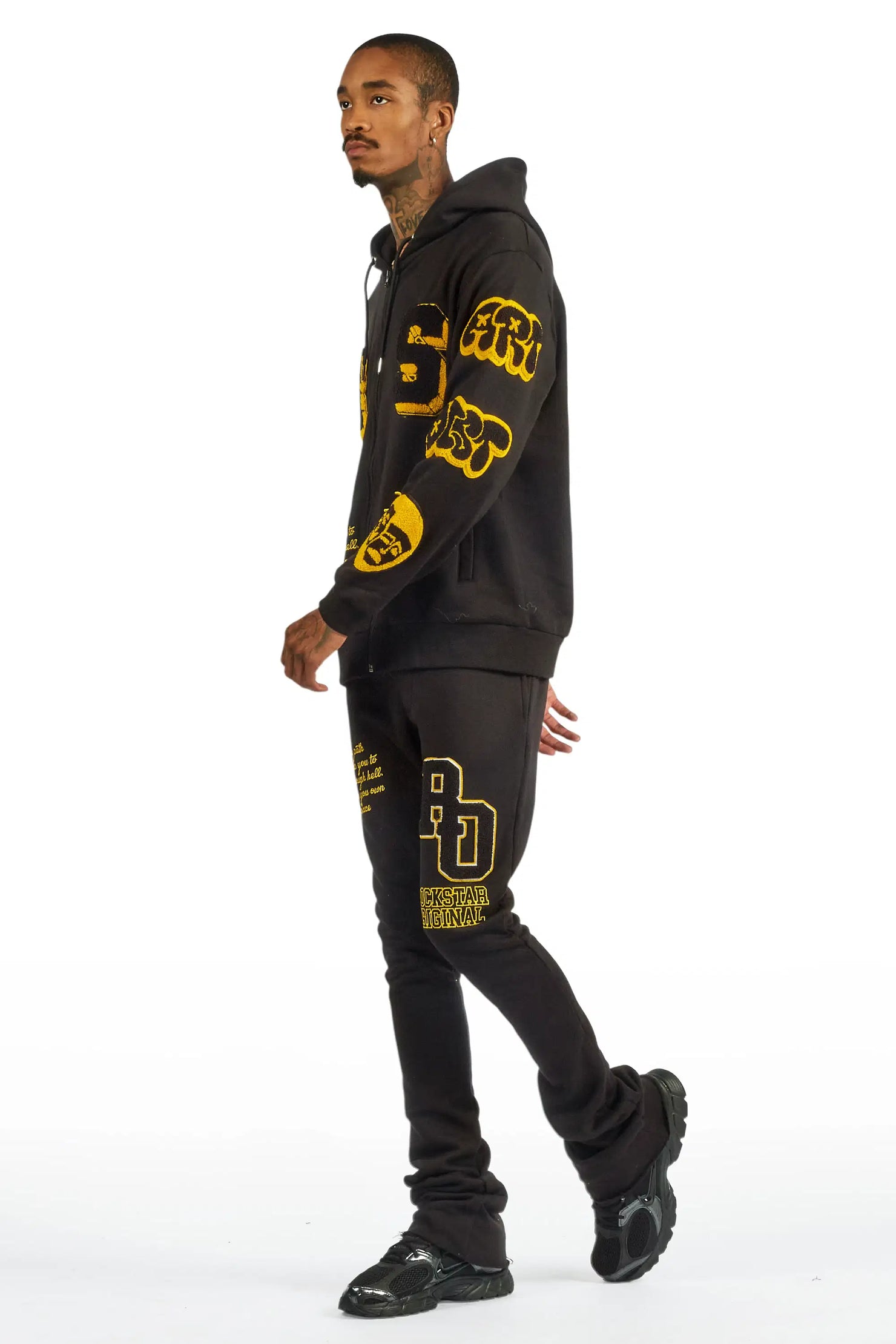 Leslaw Black Zip Up Hoodie Stacked Track Set