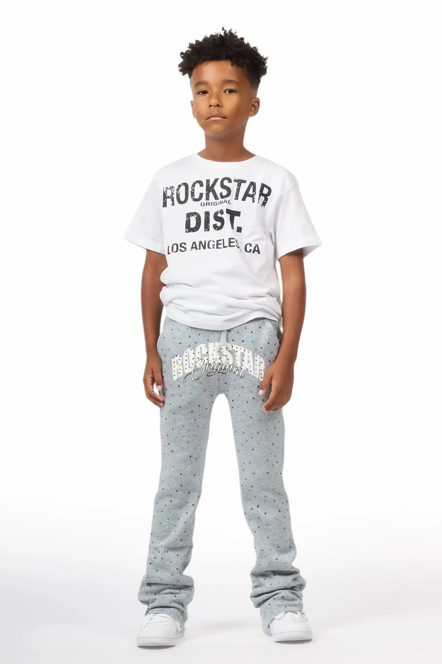 Boys Franchesco Heather Grey Rhinestone Stacked Track Pant