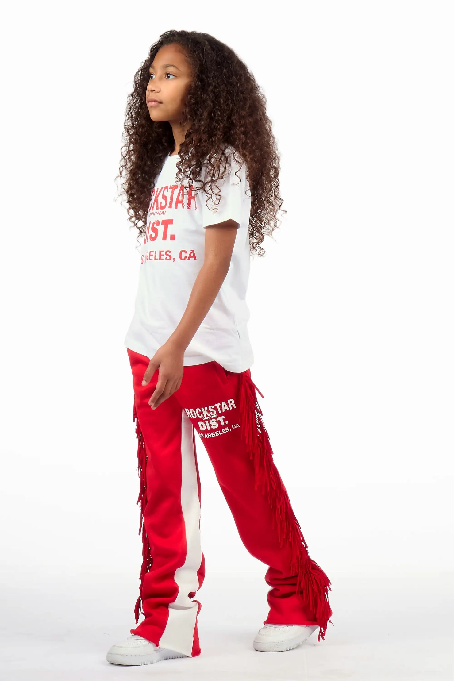 Girls Jannyk White/Red T-Shirt/Fringe Stacked Pant Set