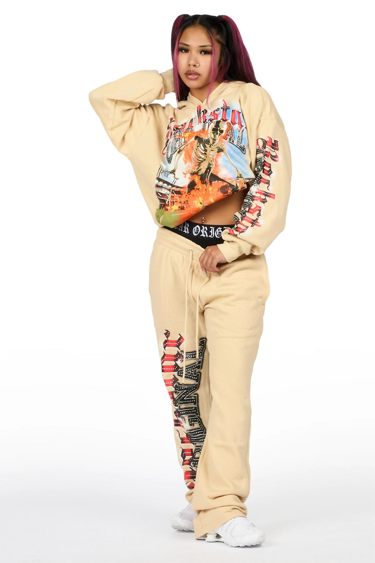 Zarina Beige Graphic Baggy Fit Track Set