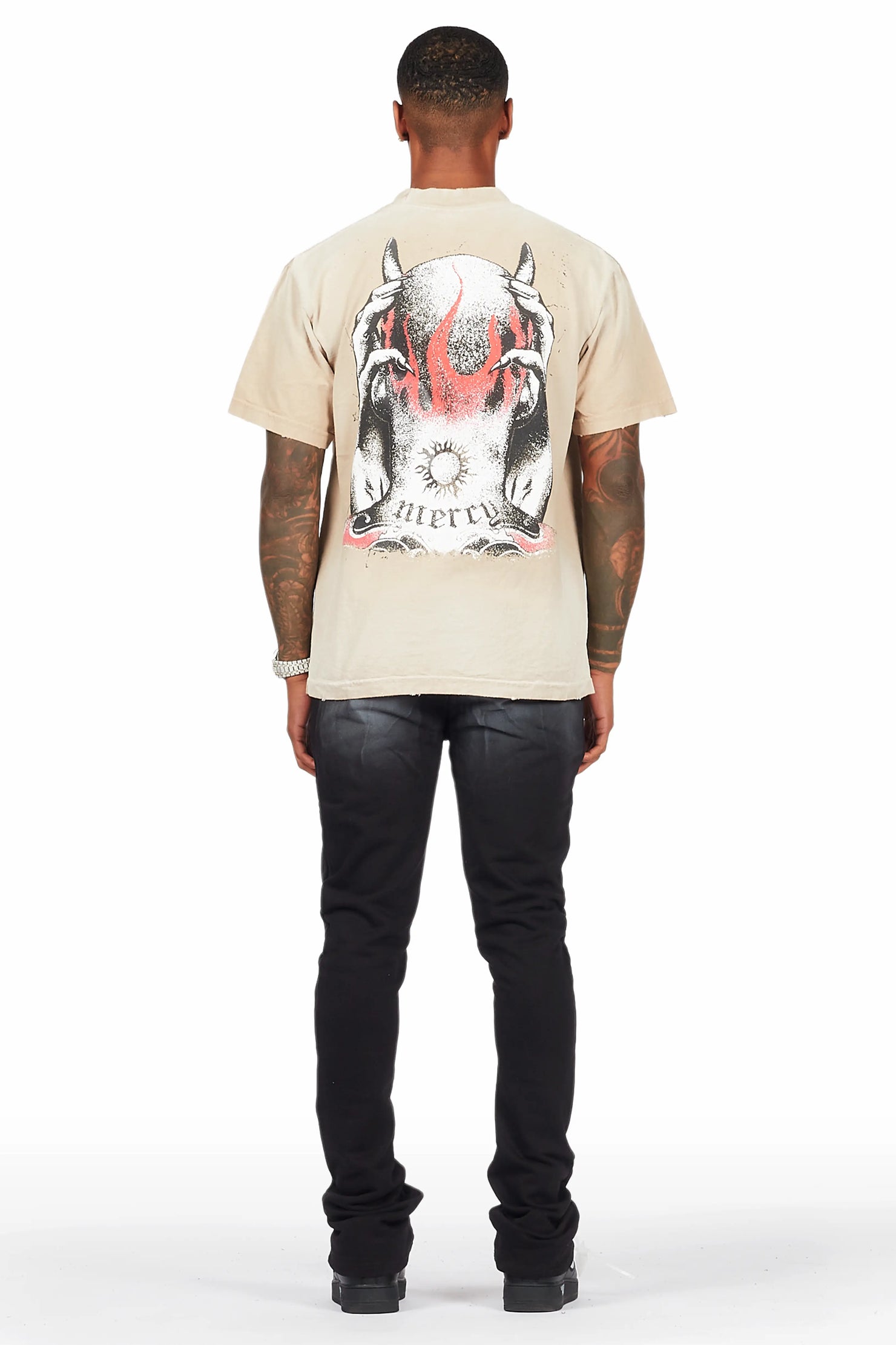 Mercy Beige/Black Oversized T-Shirt/ Stacked Flare Track Pant Set