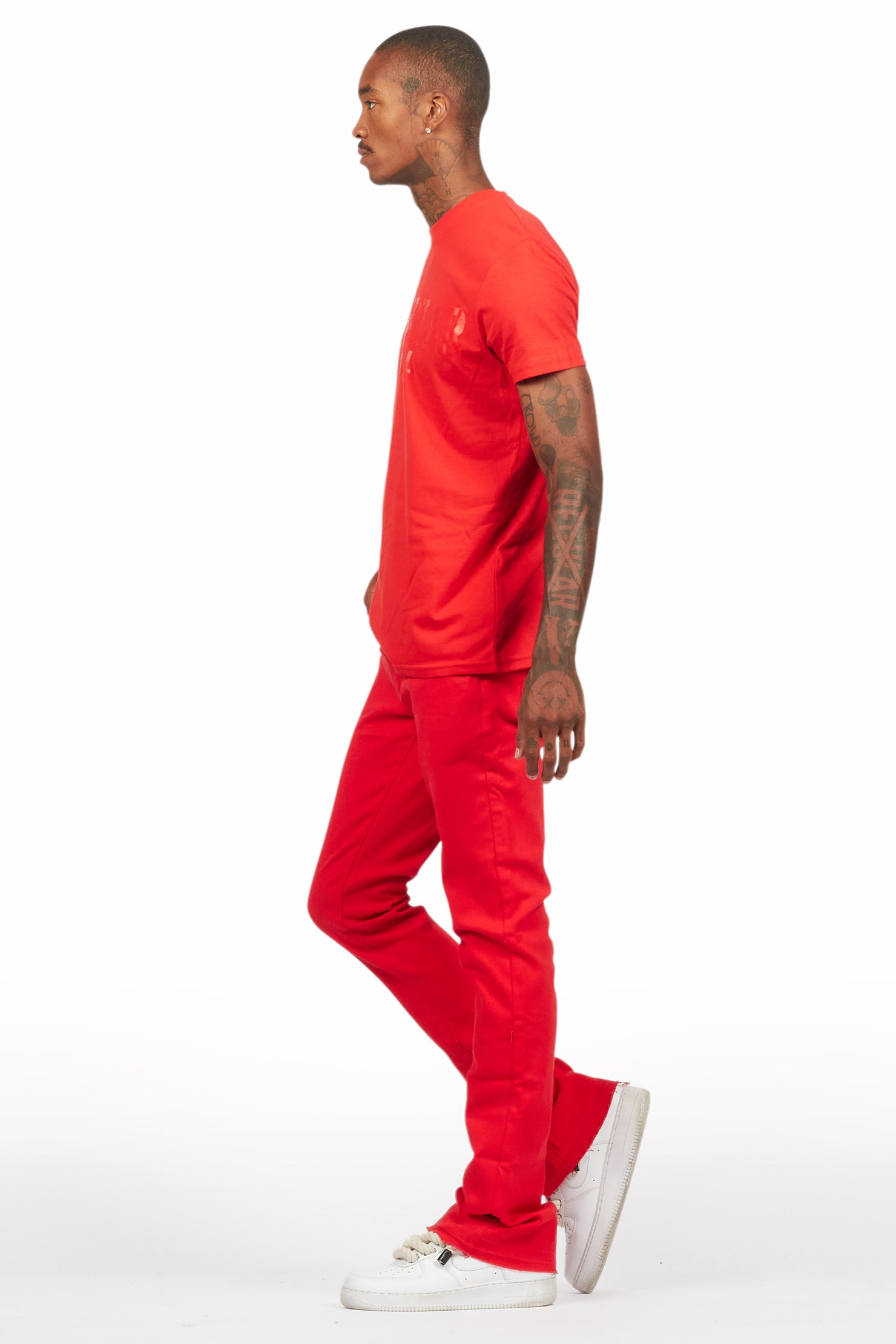 Sana Red T-Shirt/Dag Stacked Flare Jean Set