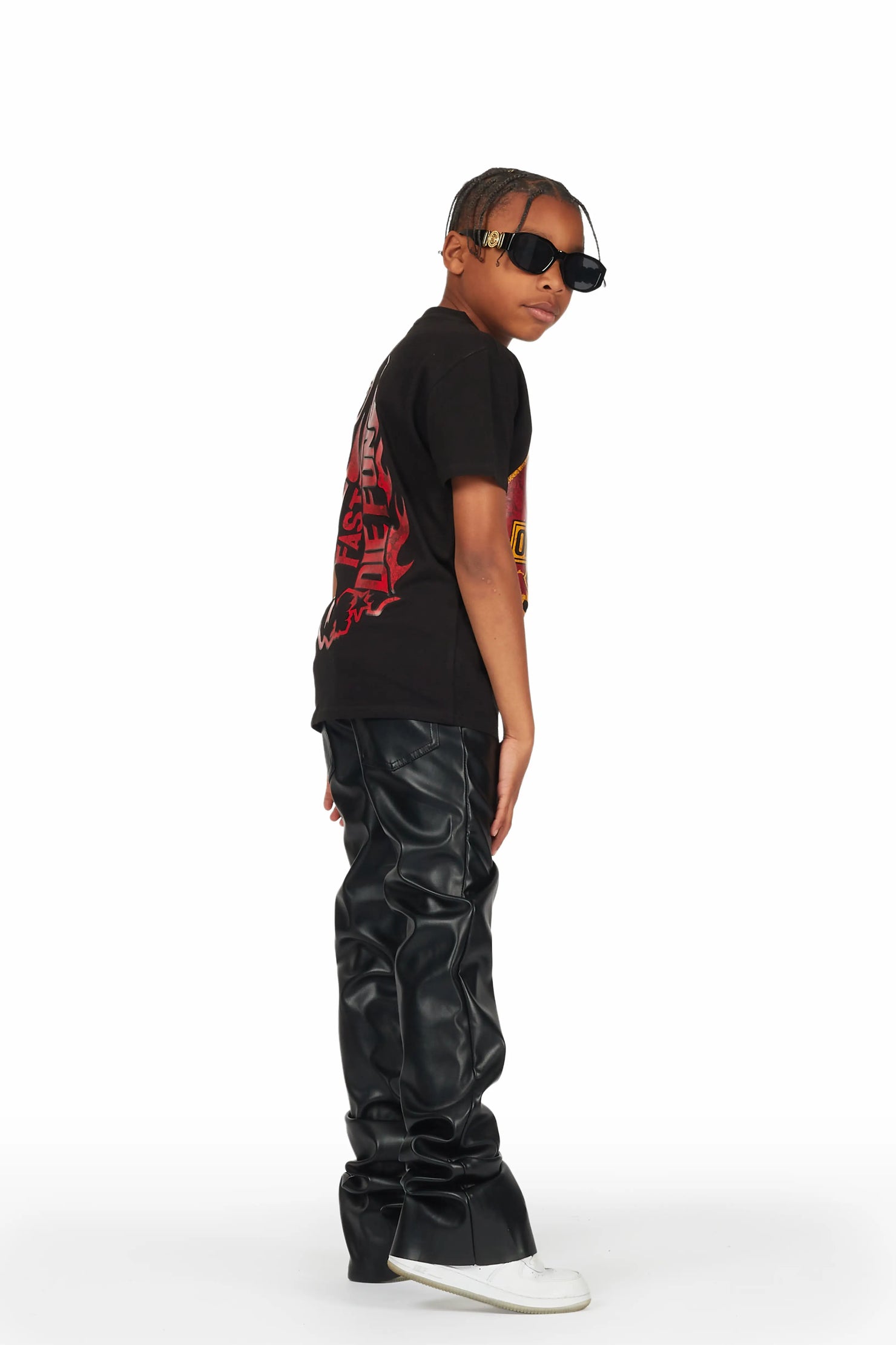 Boys Ricky Black PU Super Stacked Flare Jean