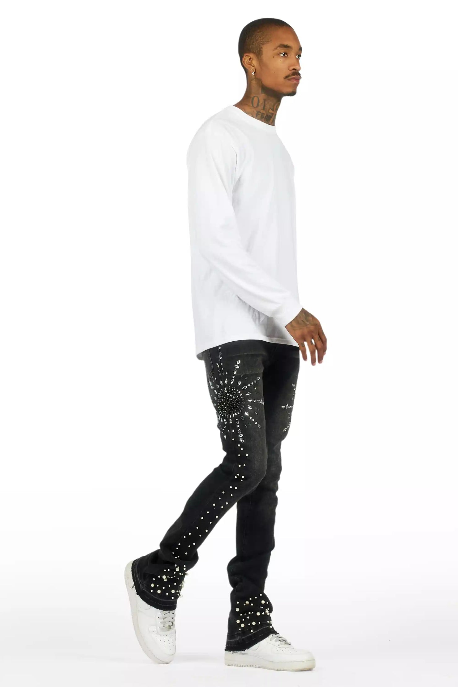 Tryst Dark Grey Rhinestone Stacked Flare Jean