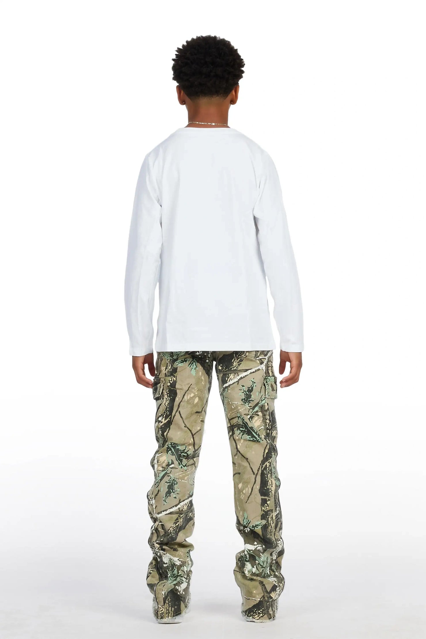 Boys Boos White/Tree Camo Long Sleeve T-shirt Stacked Jean Set
