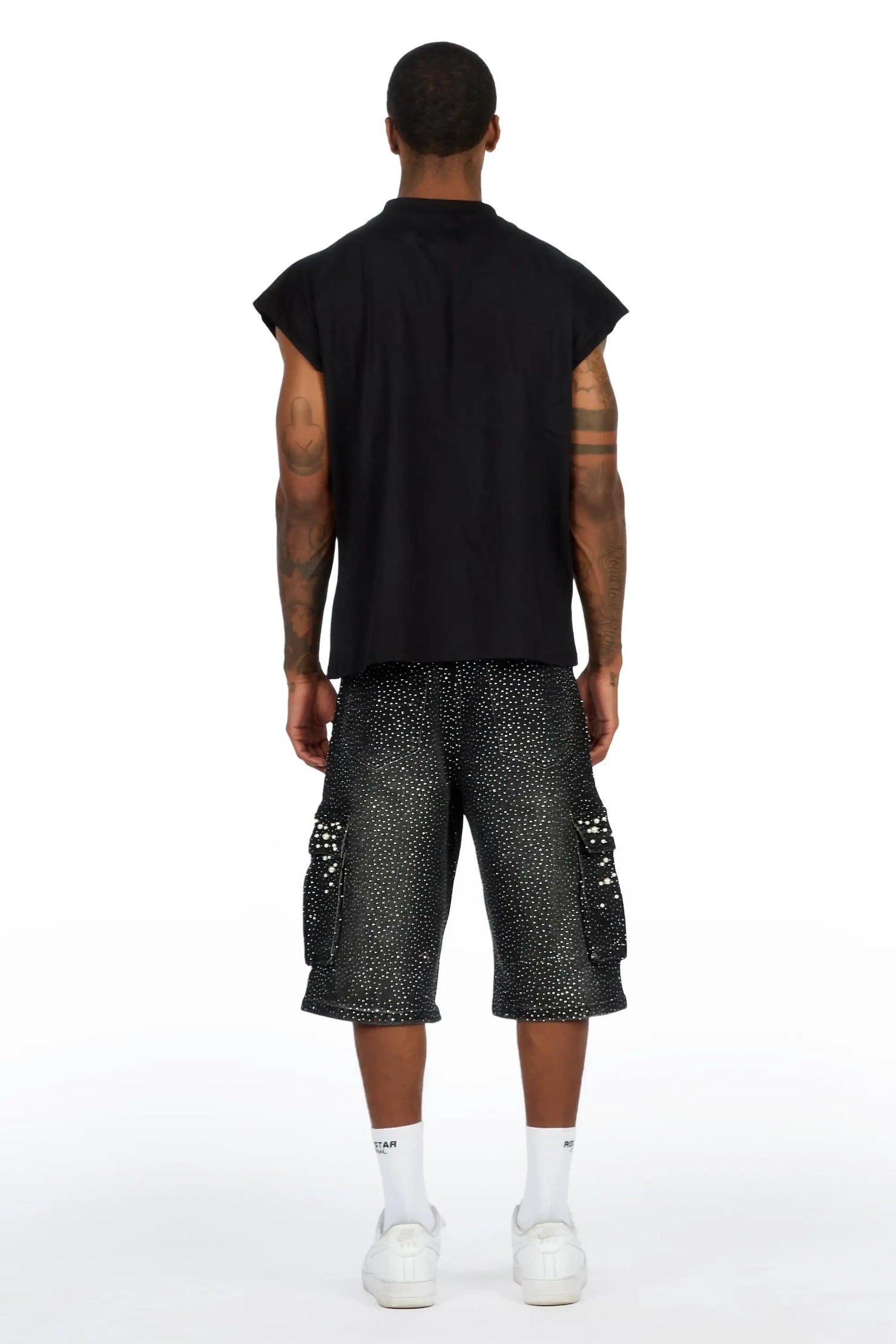 Sevyn Black/Black Rhinestone Cut Sleeve T-Shirt Denim Short Set