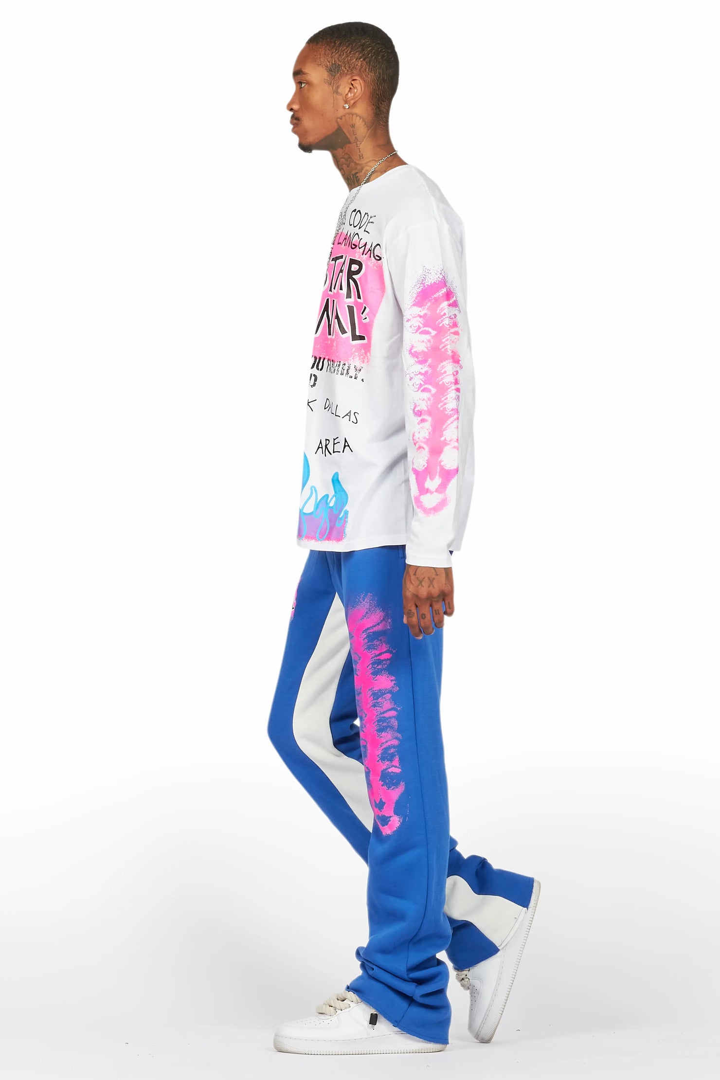 Beno White/Royal Long Sleeve T-Shirt/Baggy Pant Set