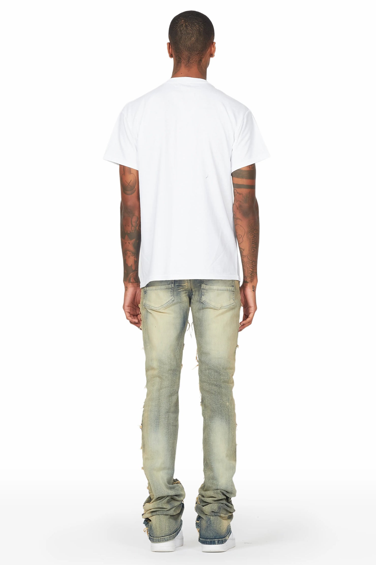 Waylon Rustic Blue Frayed Super Stacked Flare Jean