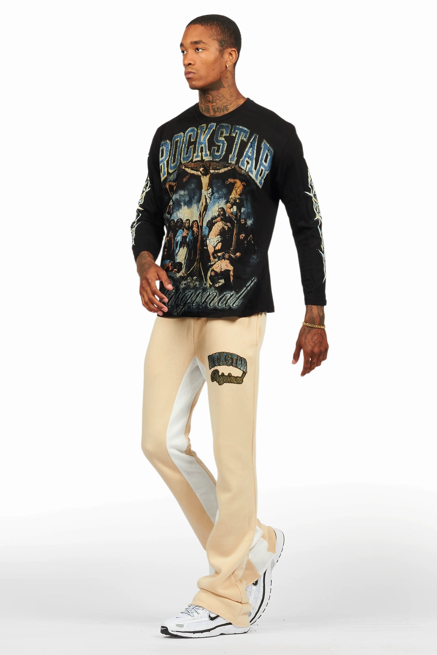 Waller Black/Beige Long Sleeve T-Shirt/Baggy Pant Set