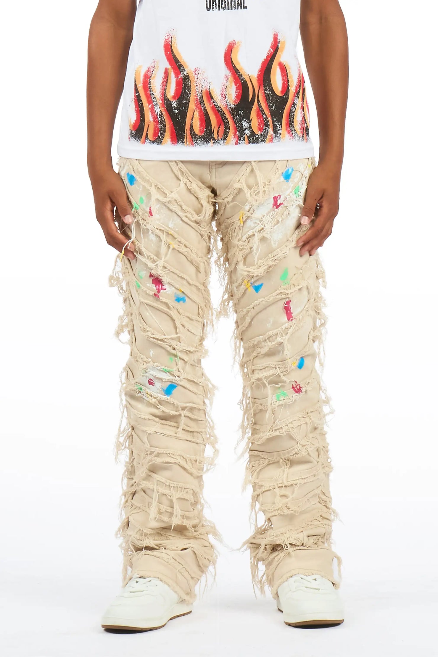Boys Charly 2.0 Beige Stacked Painter Flare Jean