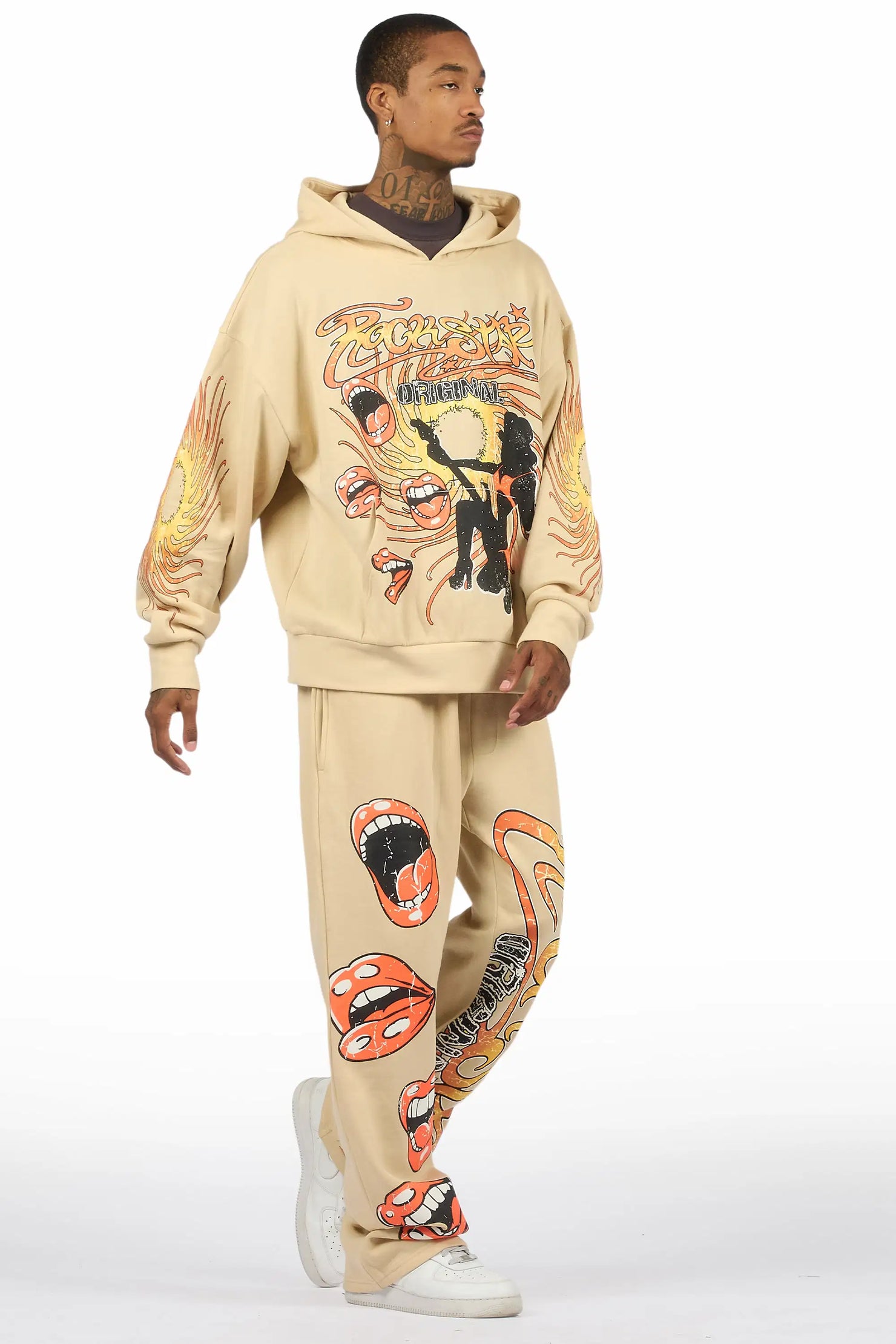 Rock n Roll  Beige Hoodie/Baggy Pant Track Set