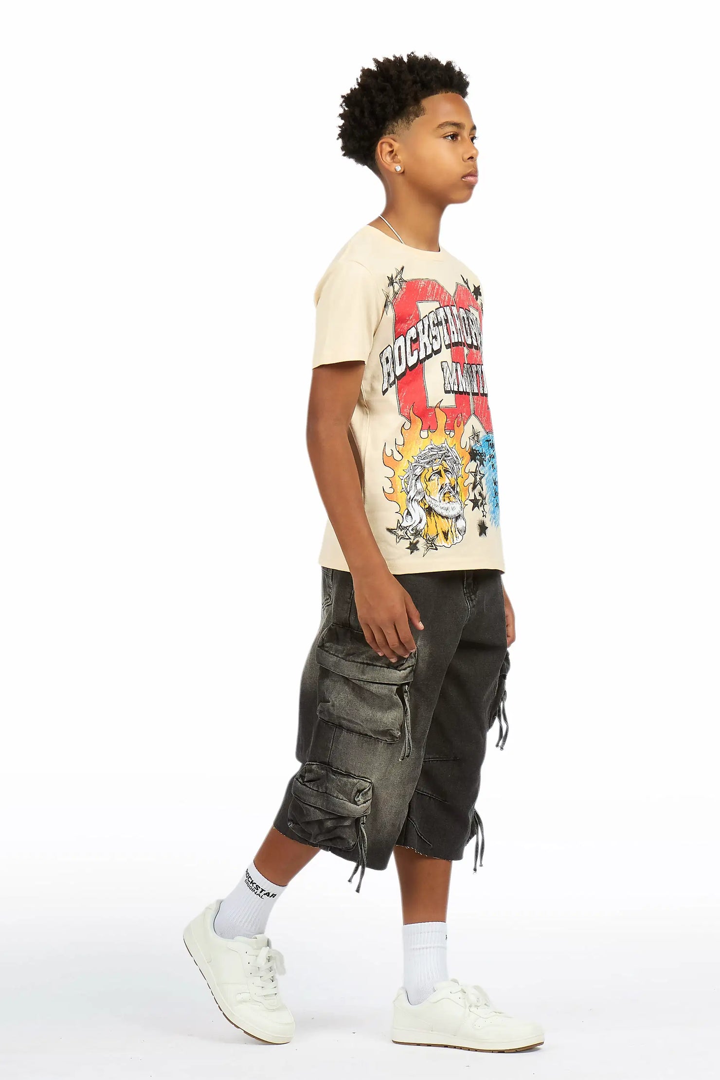 Boys Jesus Crayon Sand/Black T-Shirt/Denim Jort Set