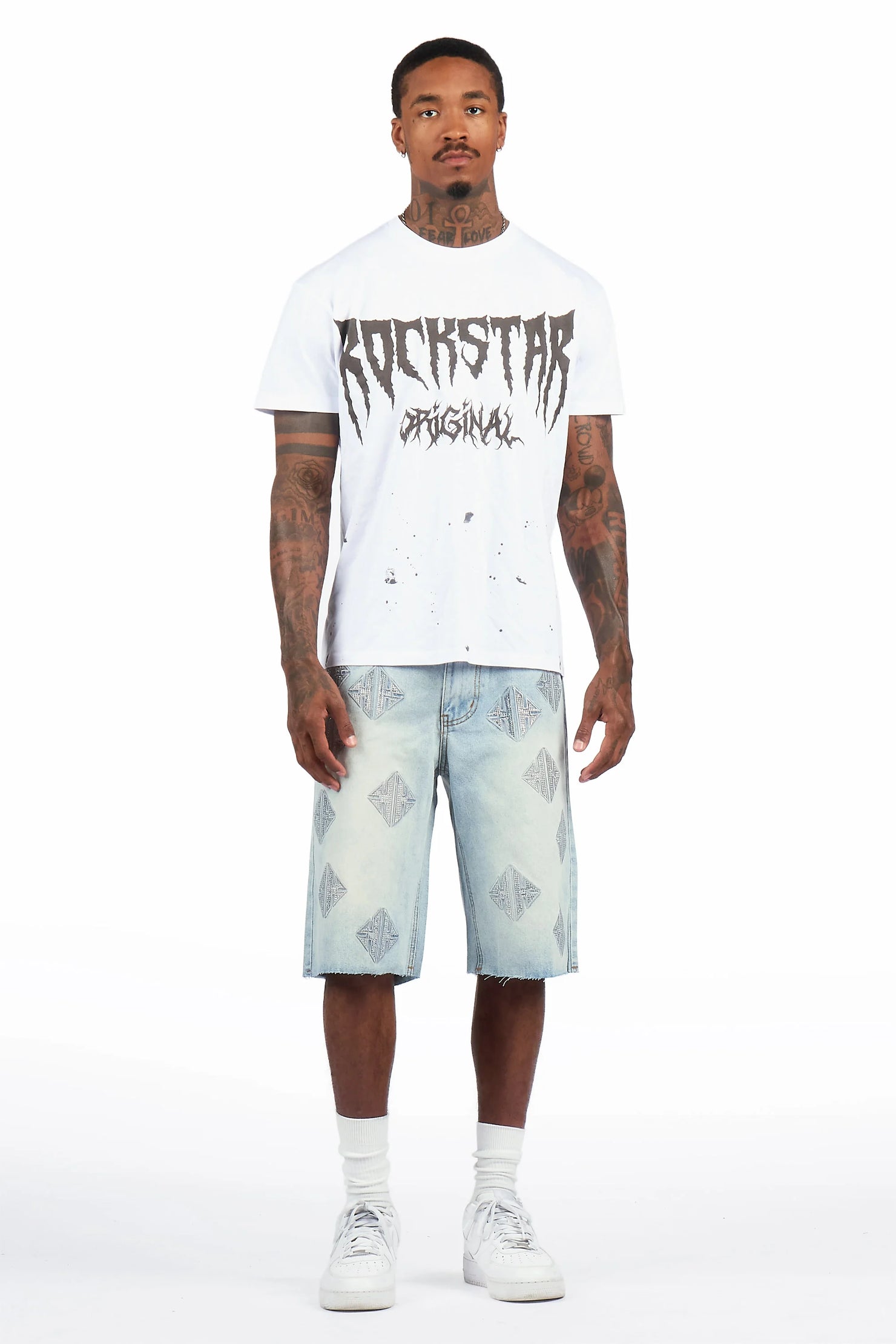 Demanuele Light Blue Rhinestones Denim Short
