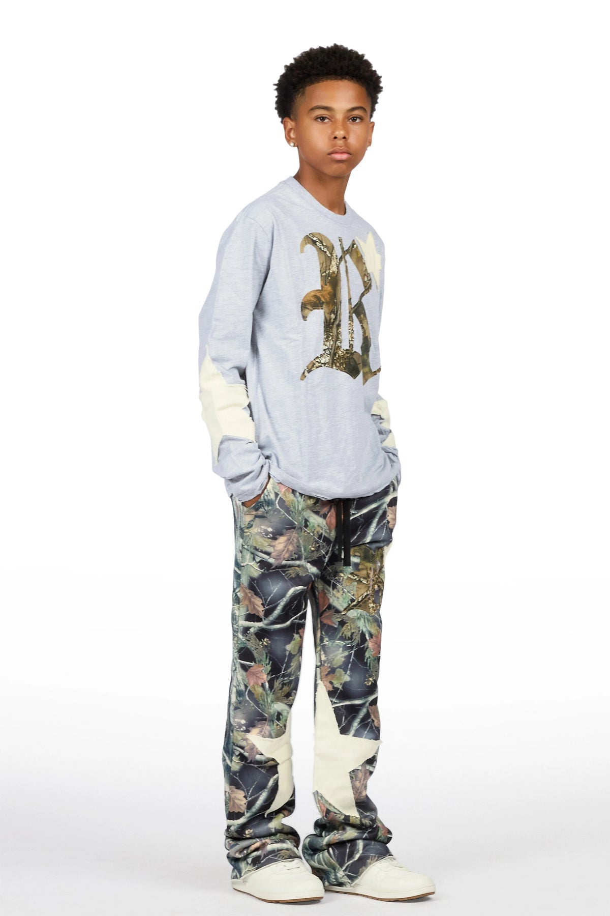 Boys Delgero Heather Grey/Camo Long Sleeve T-Shirt Track Set