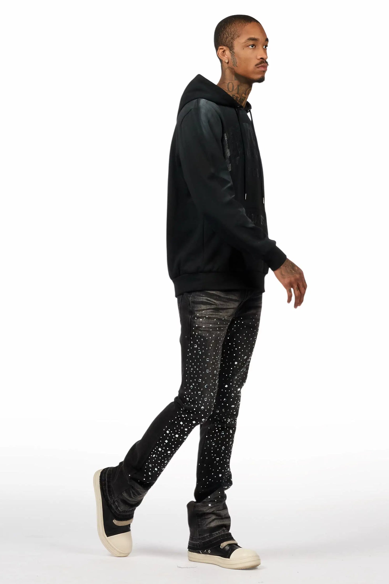 Twinkle Dark Grey Rhinestone Stacked Flare Jean