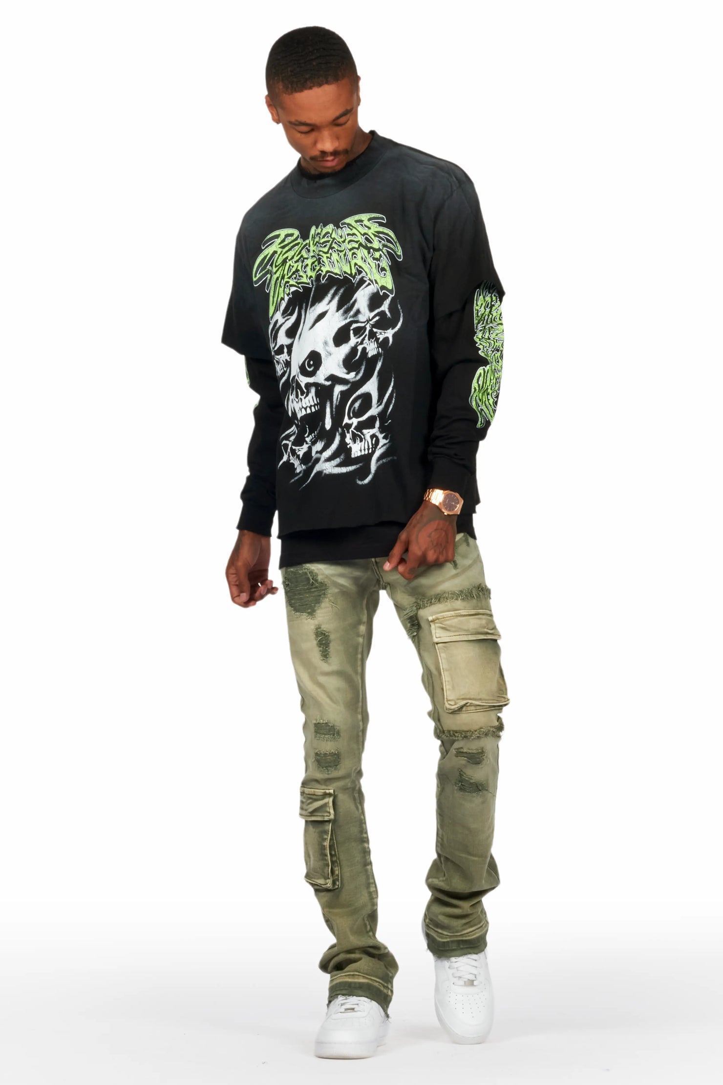 Zaxton Green Stacked Flare Jean