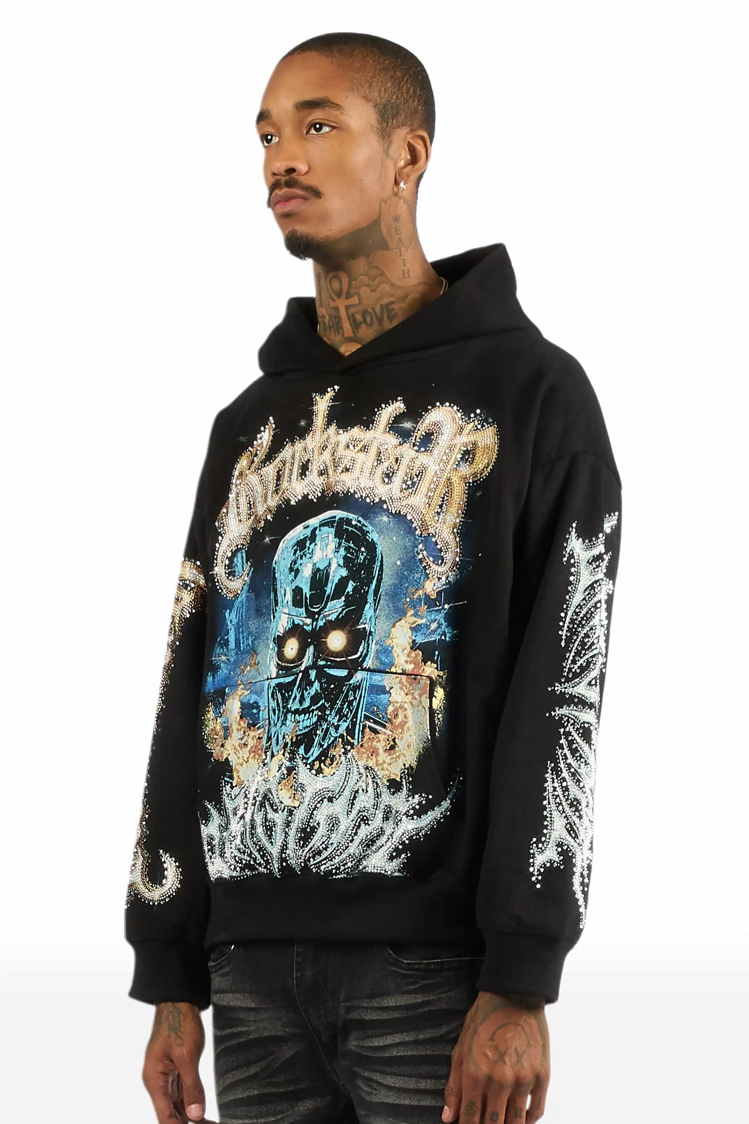 Mesin Black Rhinestone Oversized Hoodie