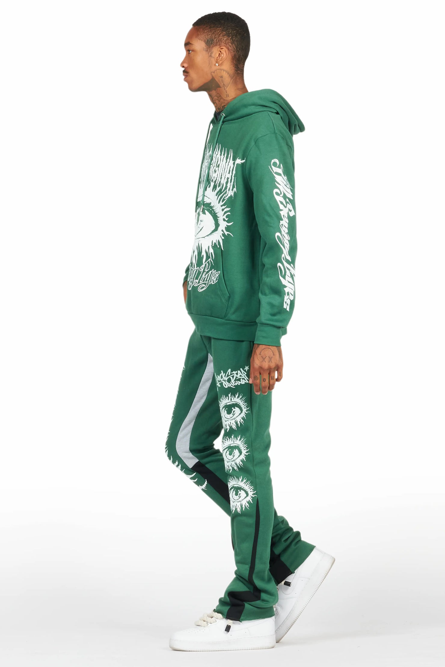 All Seeing Eyes Dark Green Stacked Flare Track Pant Set