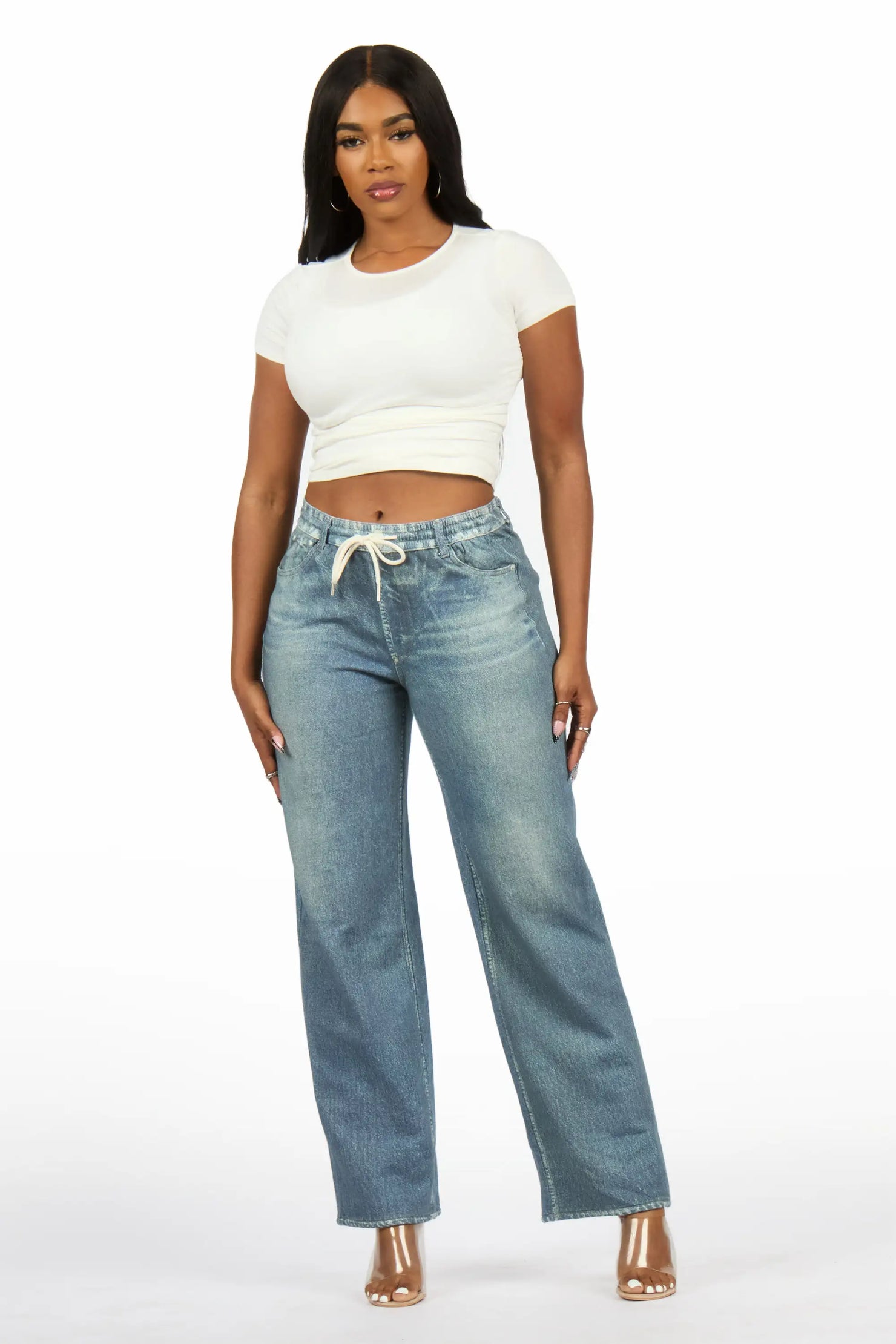 Audrea Med. Wash Denim Print Stretch Terry Sweatpant Jean