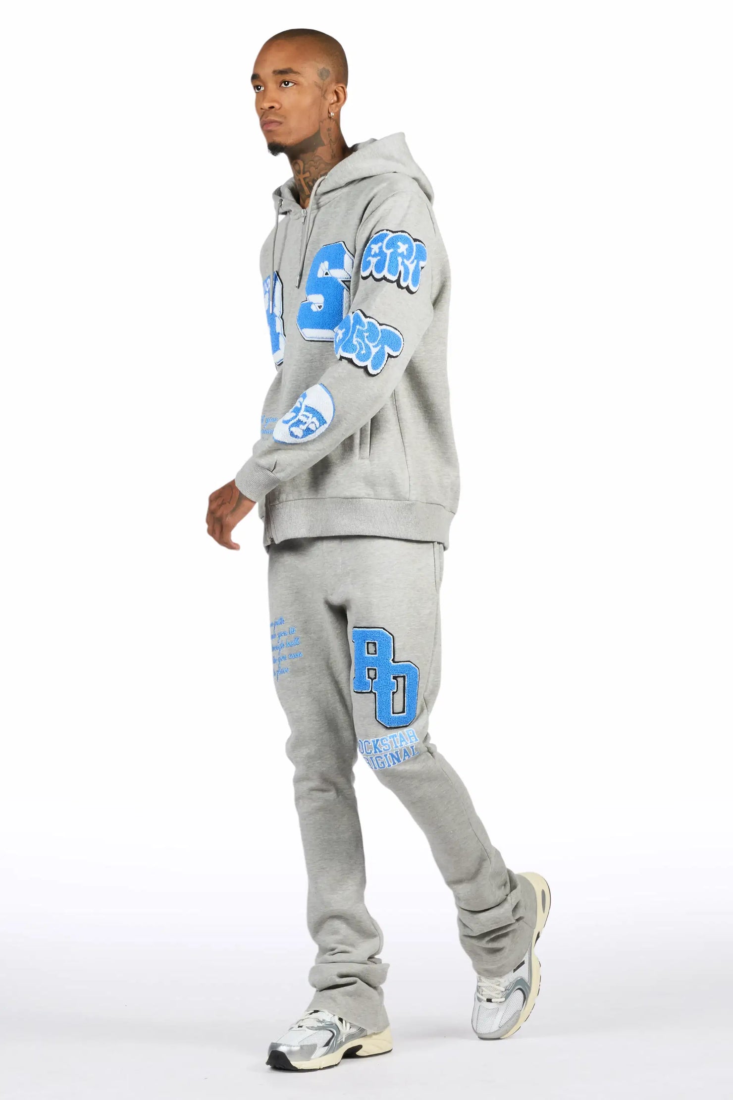 Leslaw Heather Grey Zip Up Hoodie Stacked Track Set