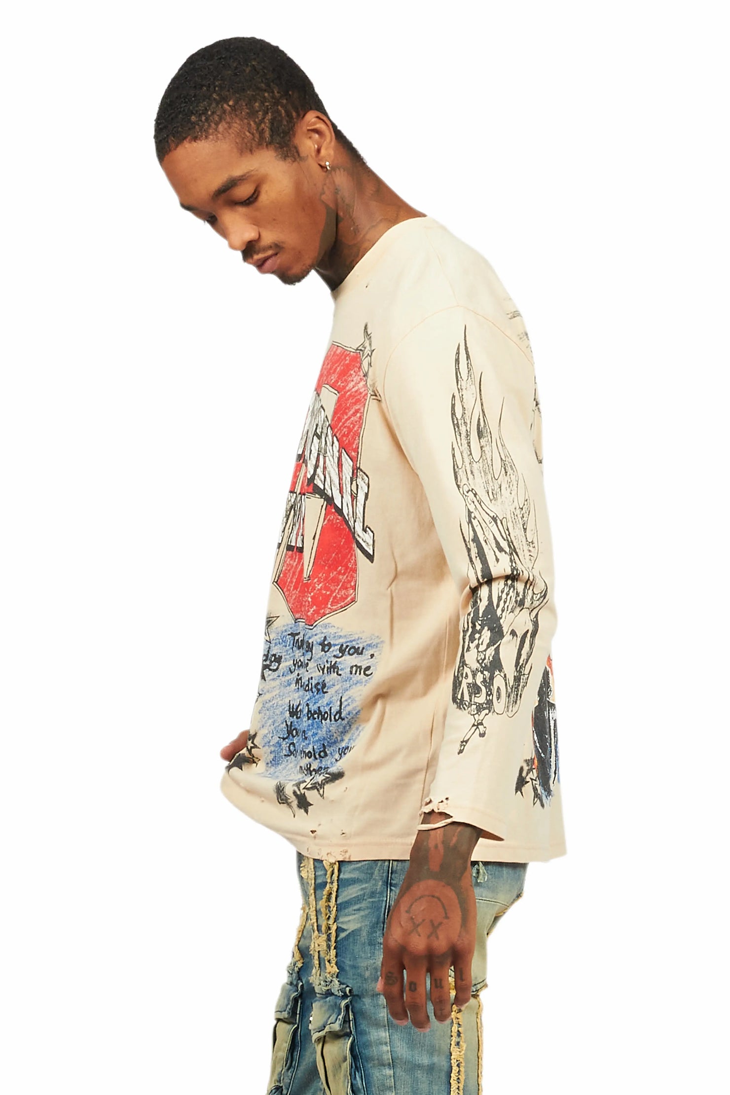 Jesus Crayon Vintage Sand Long Sleeve Graphic T-Shirt