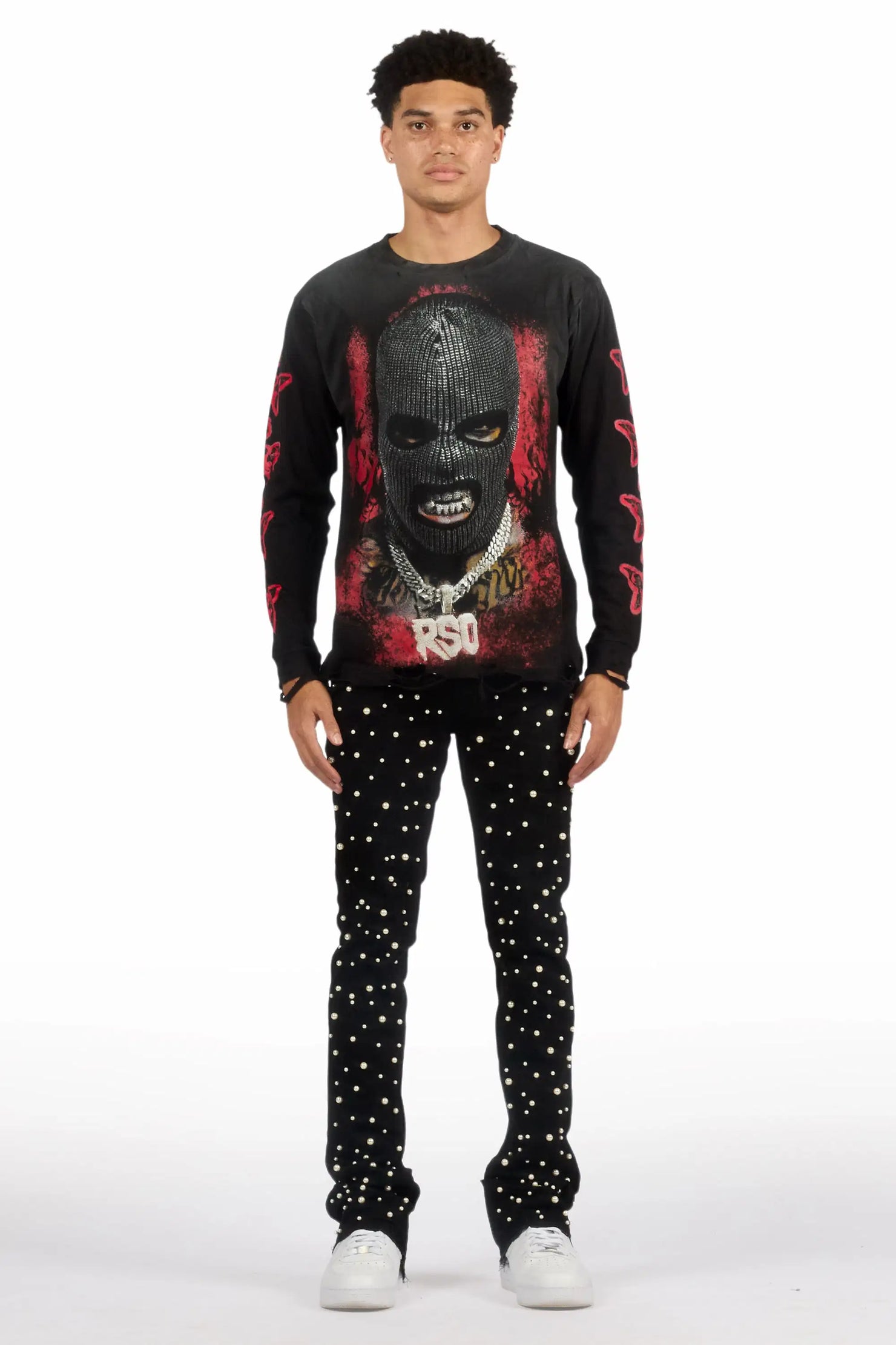 Phreal Jet Black Rhinestone Stacked Flare Jean