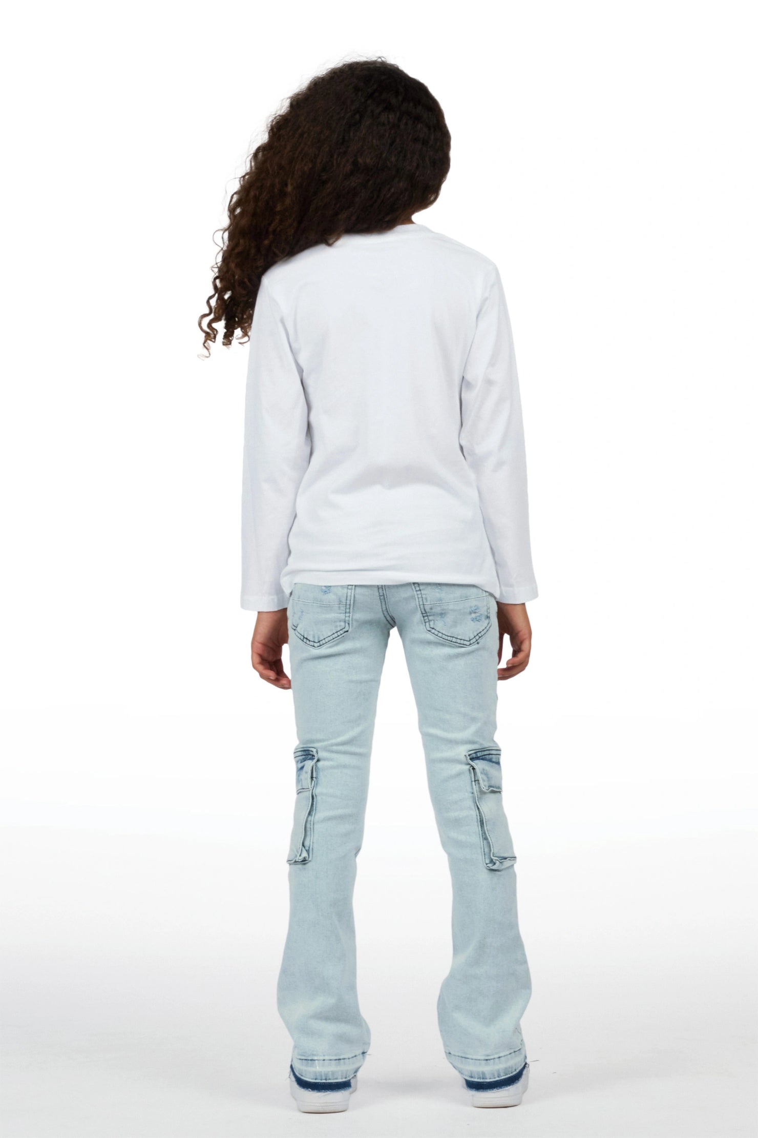Girls Dezz White/Light Wash Long Sleeve T-Shirt Stacked Painter Jean Set