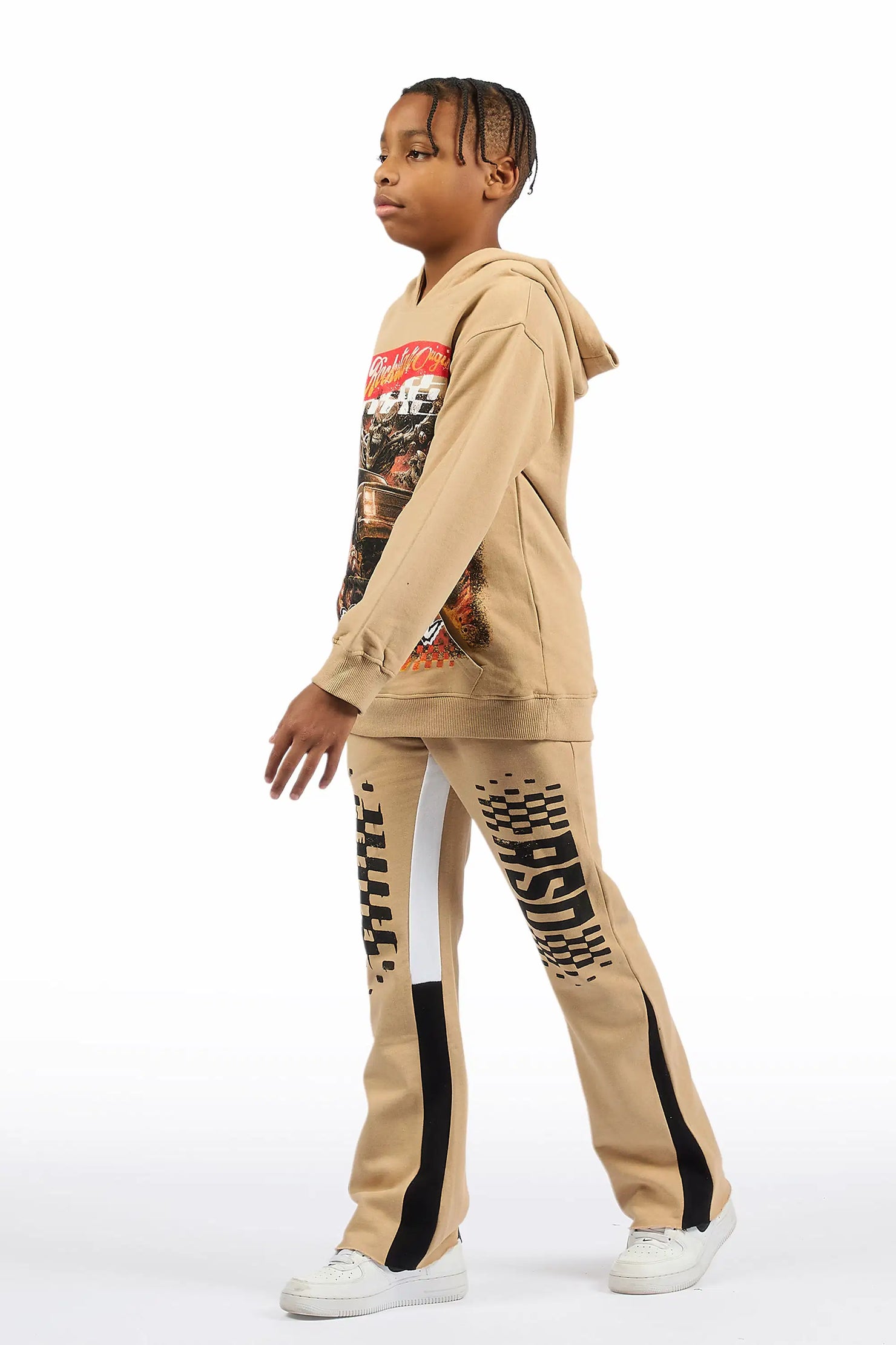 Boys Dreamer Beige/Black Hoodie/Stacked Flare Track Set