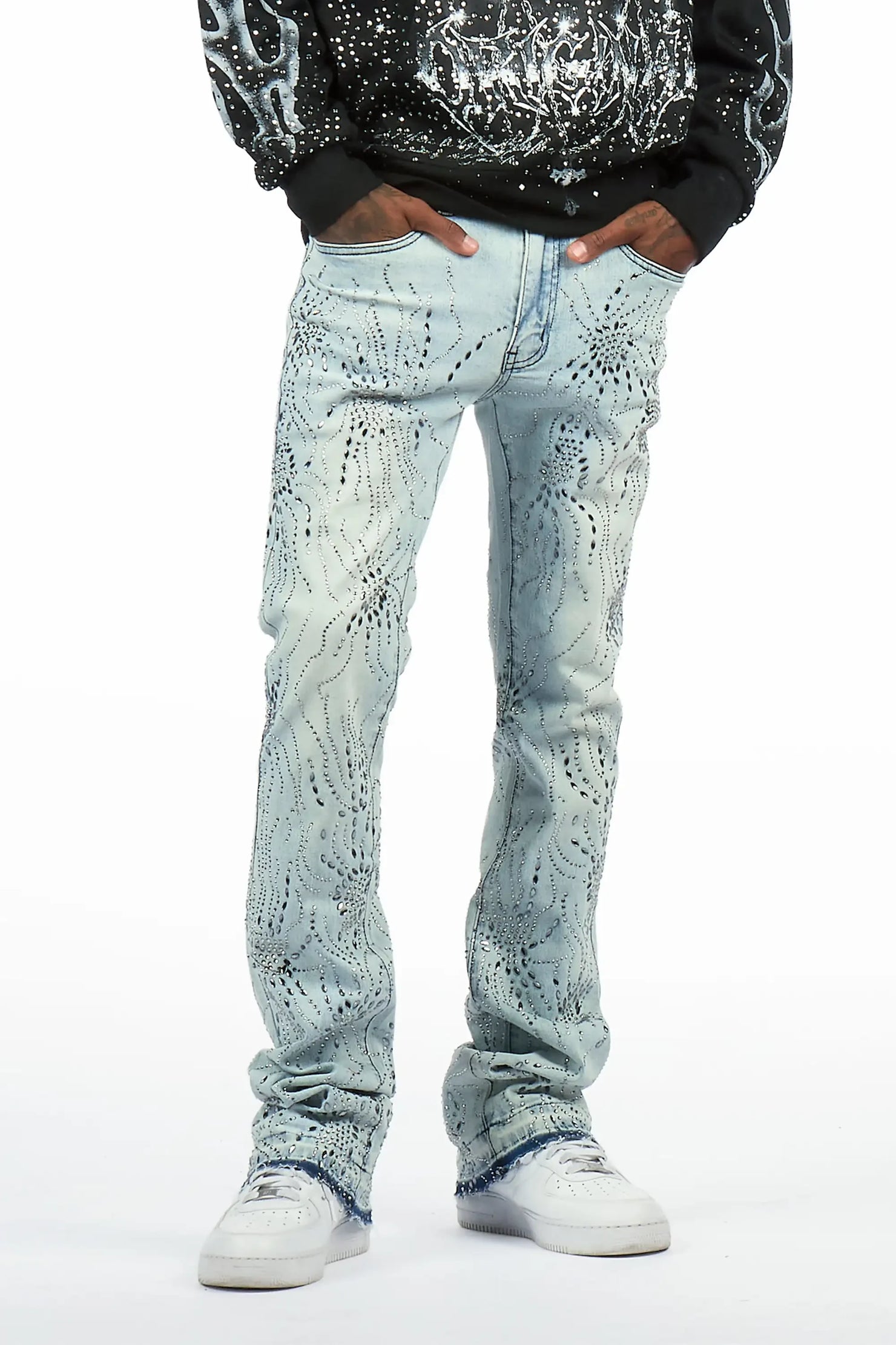 Izai Light Blue Rhinestone Stacked Fit Jean