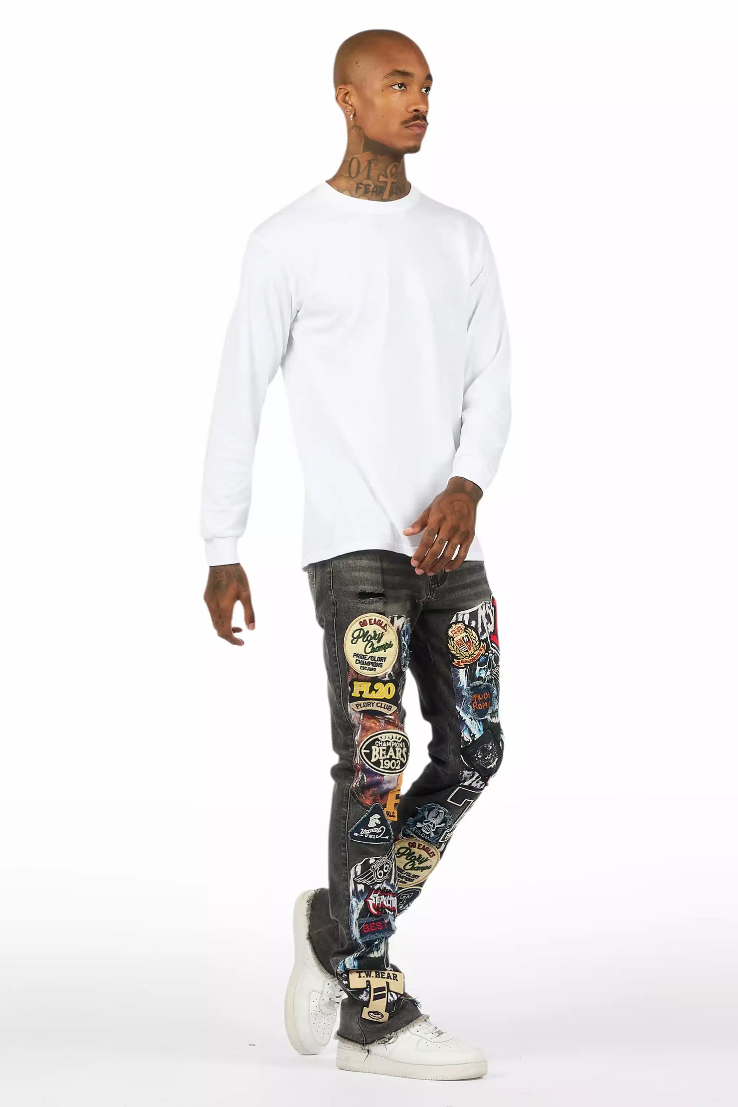 Espan Dark Grey Stacked Flare Jean