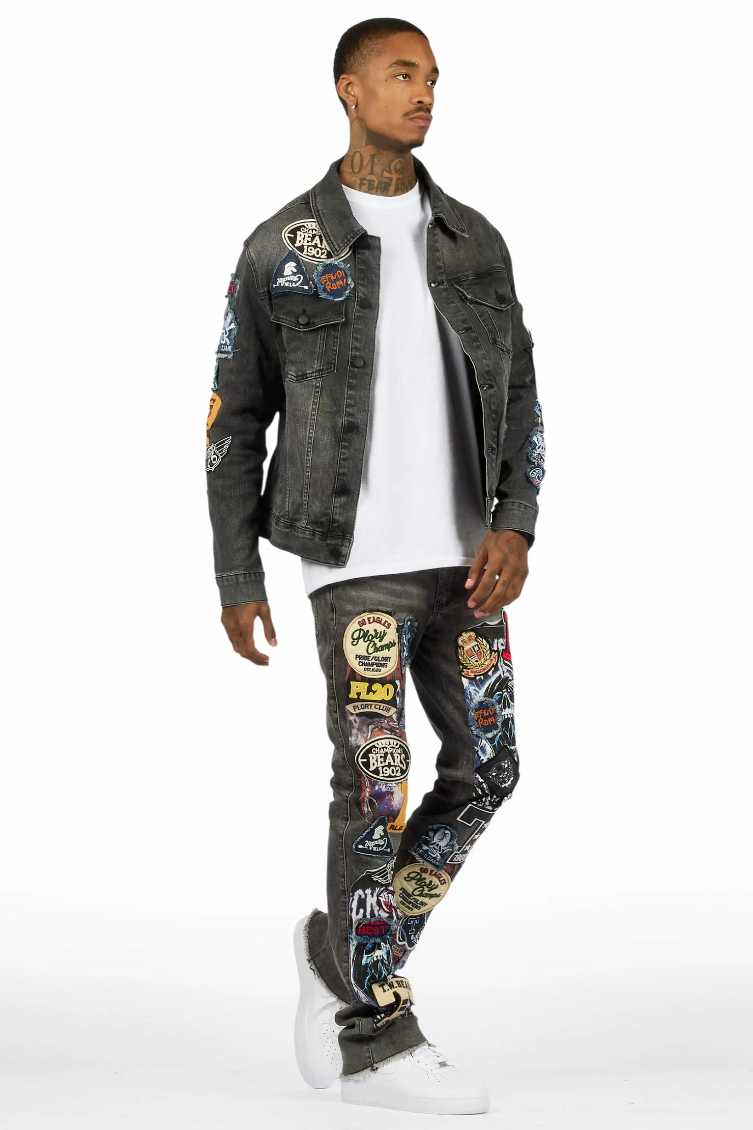 Espan Dark Grey Denim Jacket/Stacked Flare Jean Set